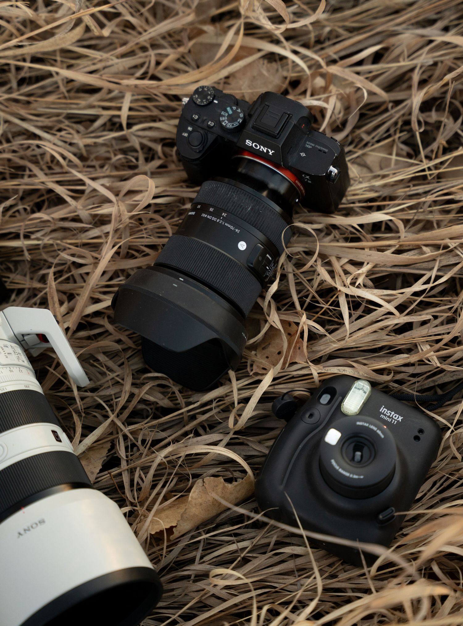 Sony mirrorless camera with telephoto lens and Fujifilm Instax Mini instant camera lying on dried hay or straw background.