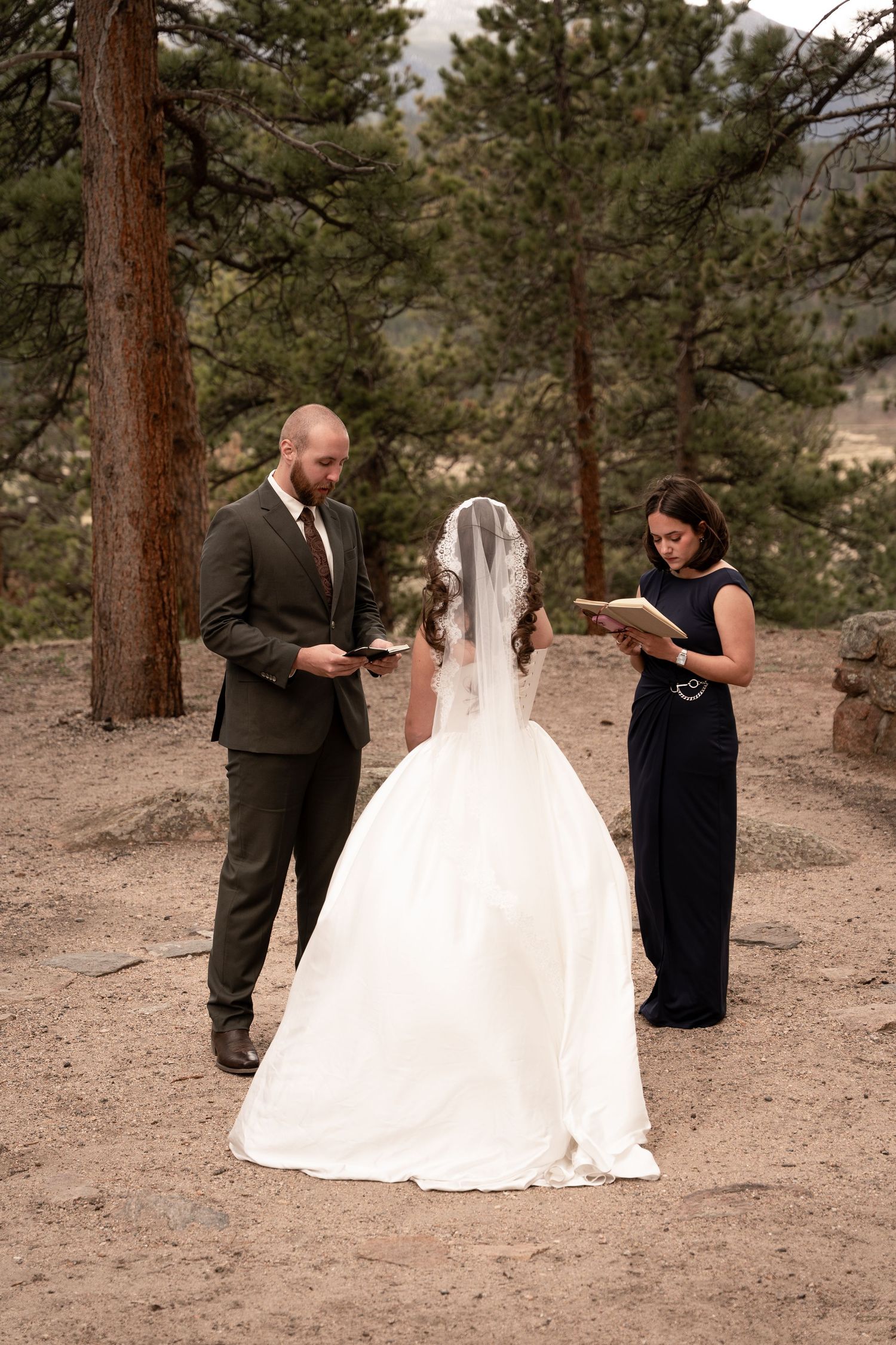 Outdoor wedding ceremony with bride in white gown and veil, groom in olive suit, and officiant reading from book among pine trees.