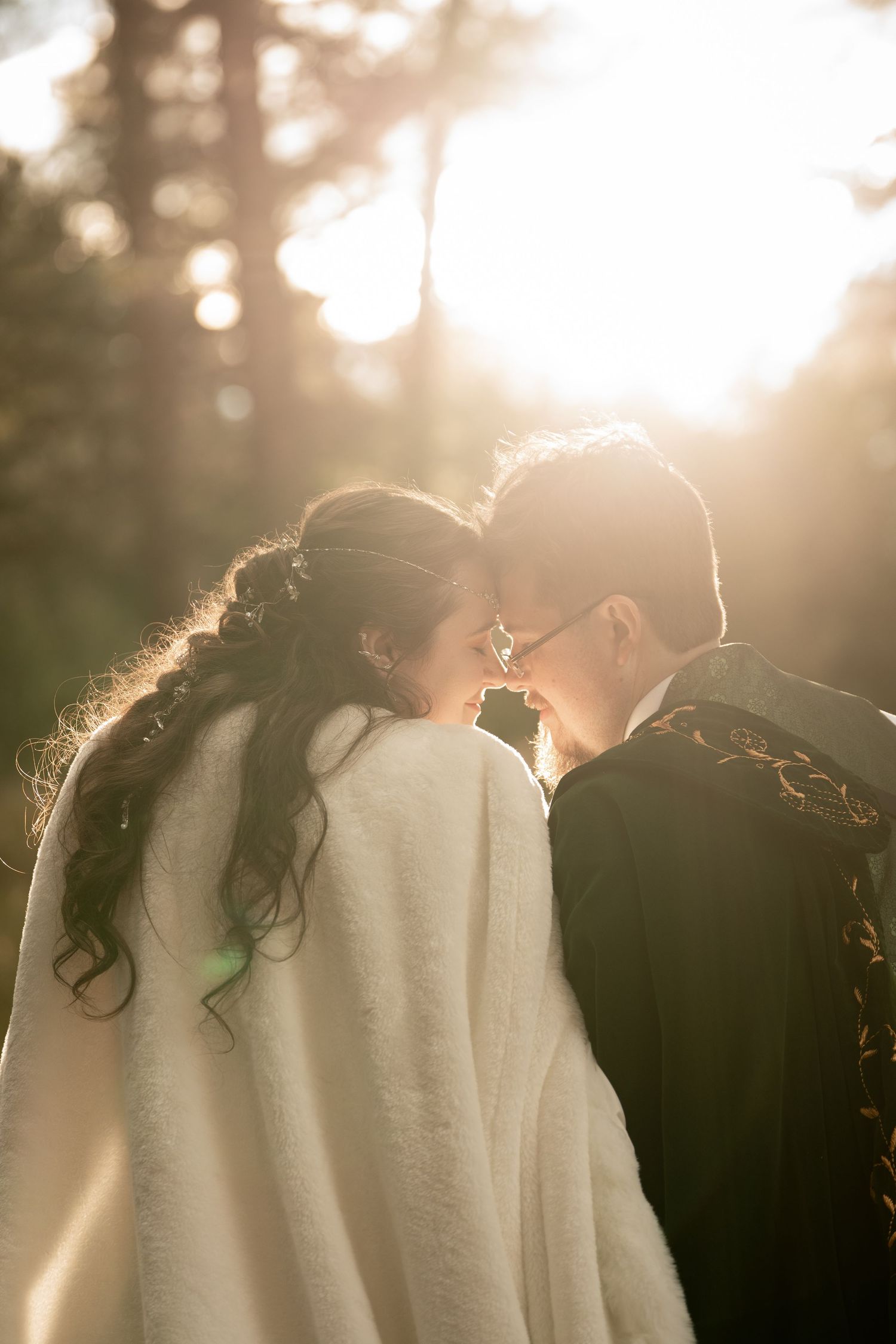 Backlit wedding portraits capturing intimate moments in golden sunset light through trees.
