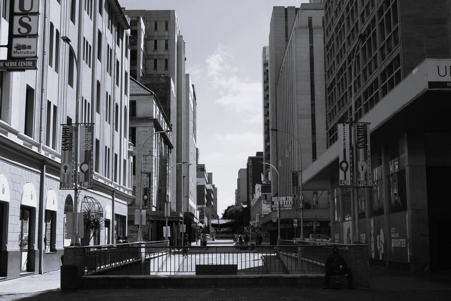 Black and white photograph of Ghandi Square in Johannesburg