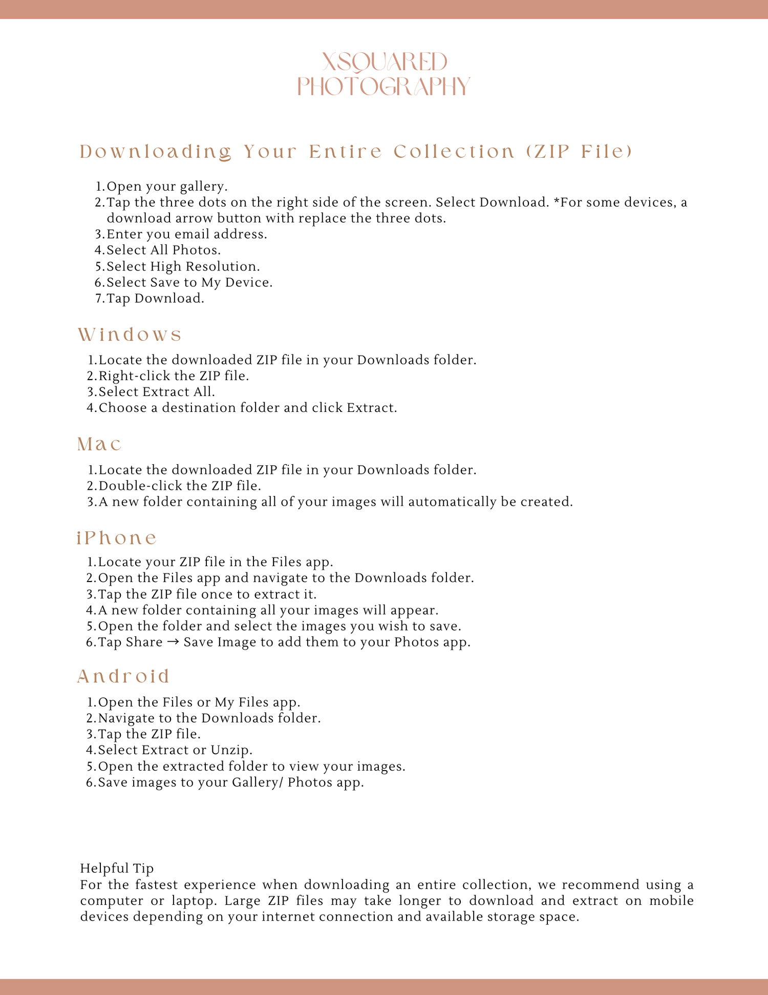 Instructions for downloading an entire photo collection as a ZIP file for Windows, Mac, iPhone, and Android devices.