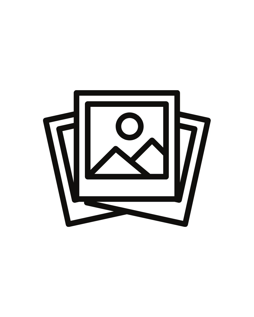 Black and white line icon of overlapping photo frames with landscape image placeholder, representing a photo gallery or collection.