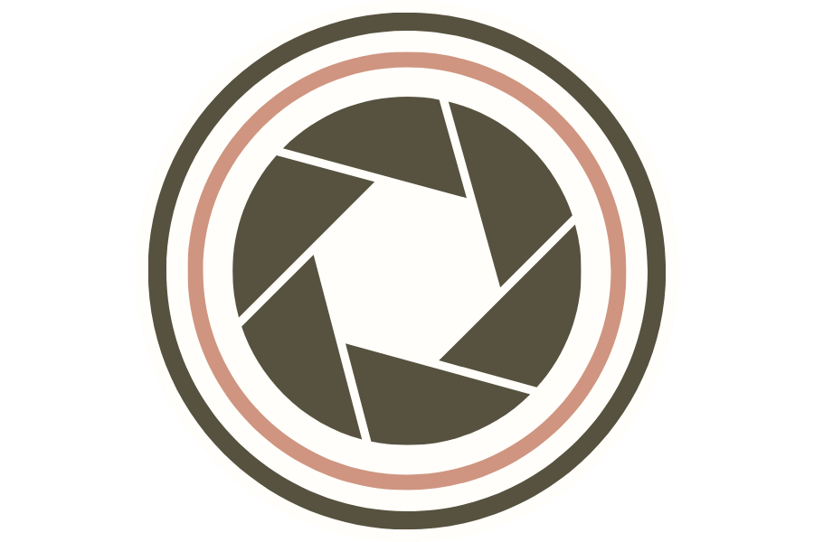 Camera aperture shutter logo icon in dark olive green with pink circular border on white background.