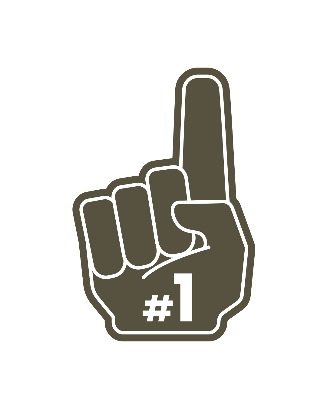 Dark olive green foam finger with #1 sign, pointing upward, isolated on white background.