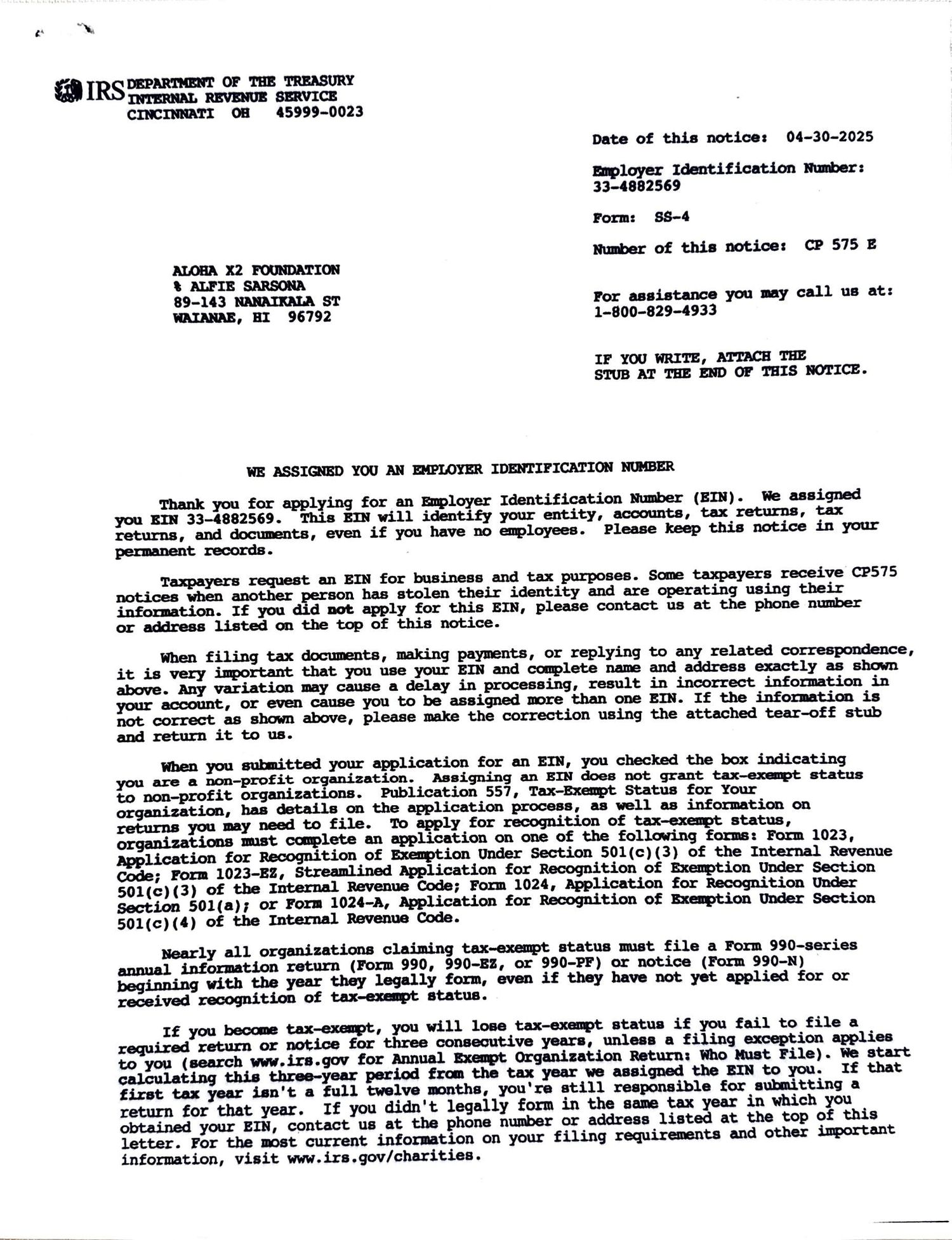 IRS EIN assignment notice letter from the Internal Revenue Service dated 04-30-2025 for a nonprofit organization.