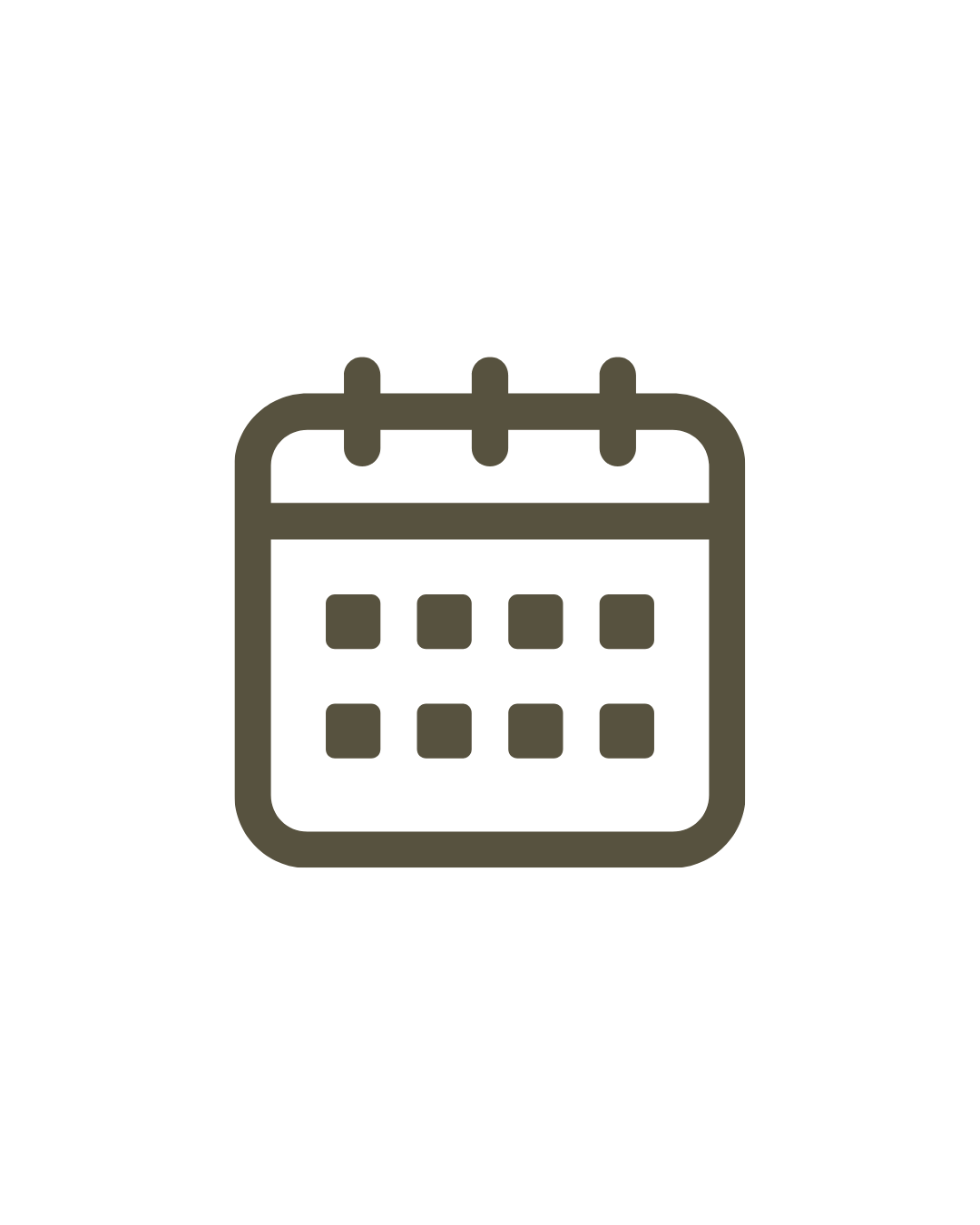 Minimalist calendar icon with grid dates and binding rings in olive green outline style.