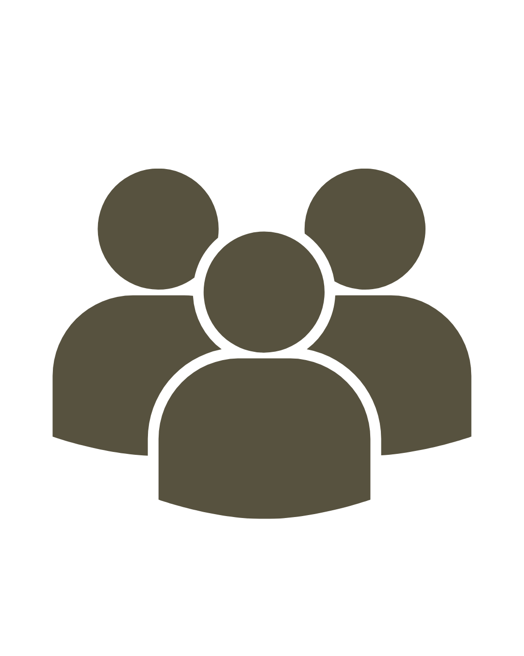 Dark olive-colored group of three people icon representing community, team, or users on white background.