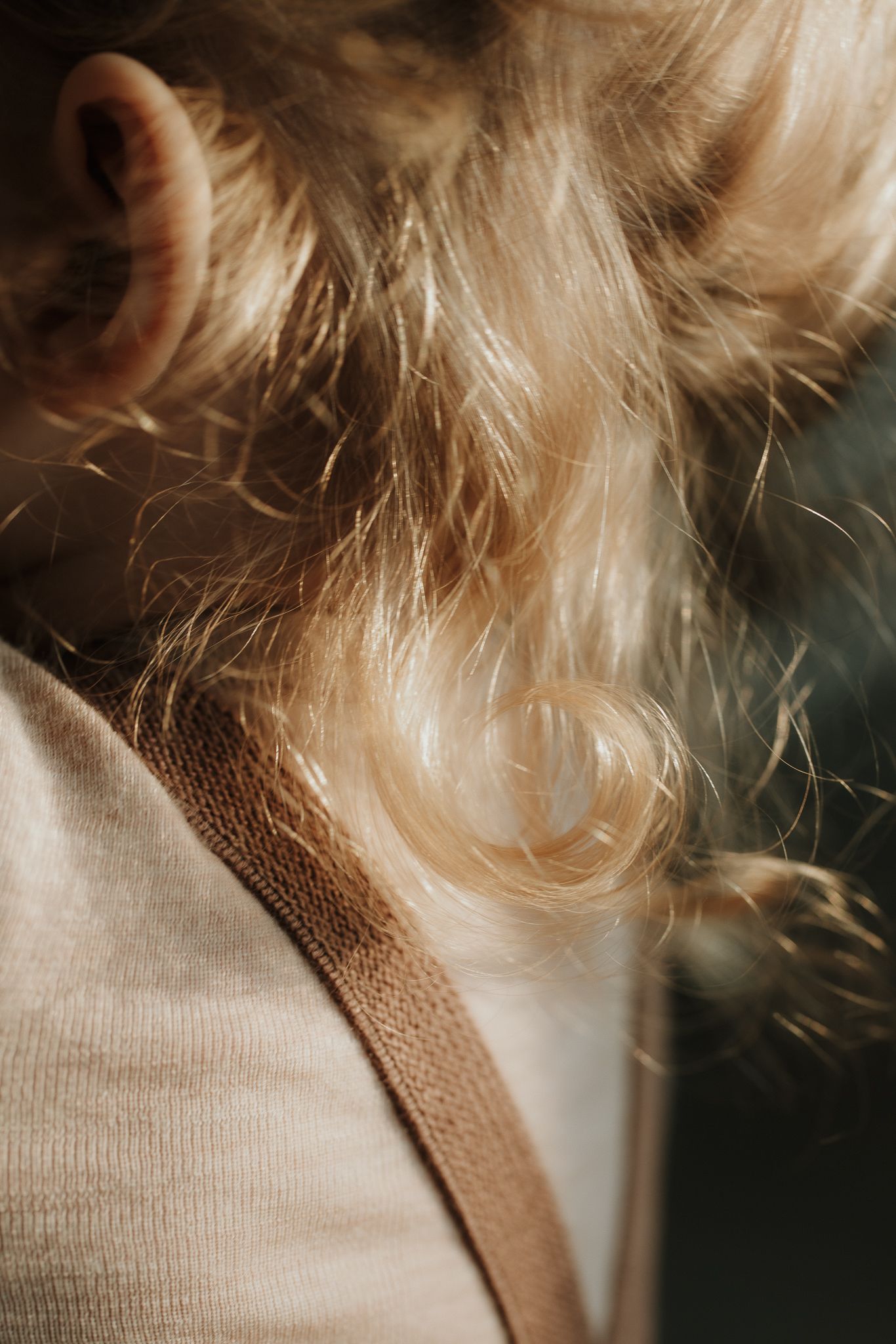 Close-up of a young child's blonde curly hair in soft warm sunlight.