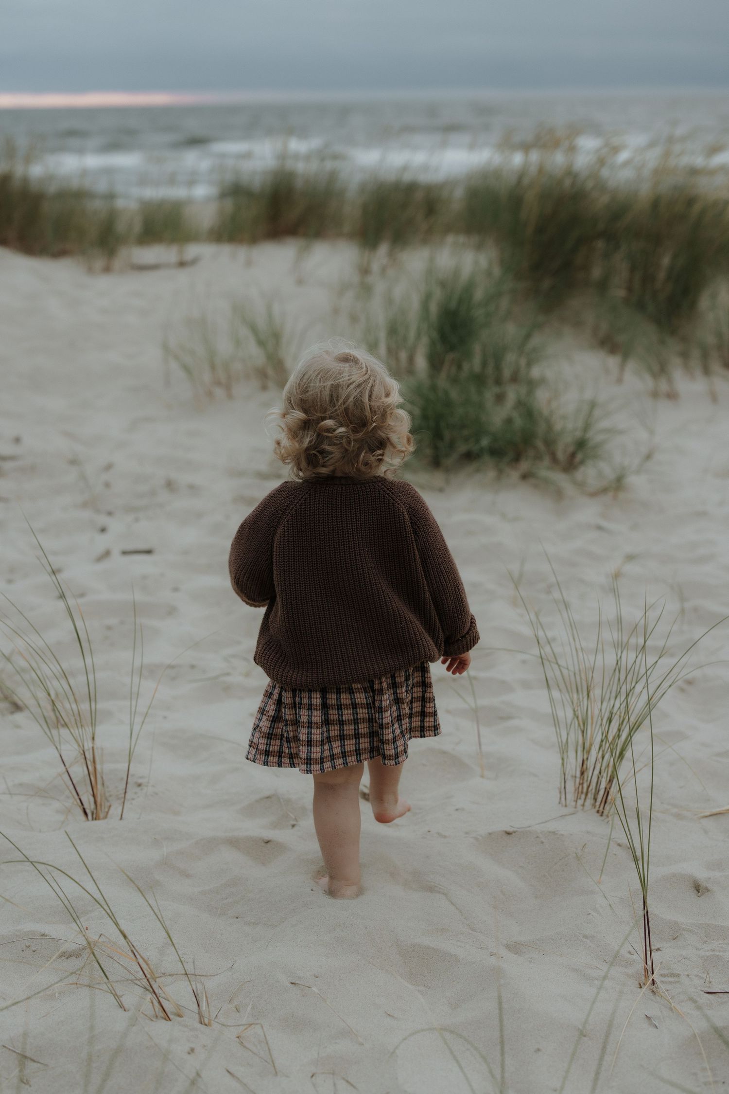 Toddler in brown sweater and plaid skirt walking barefoot toward ocean through beach dunes.