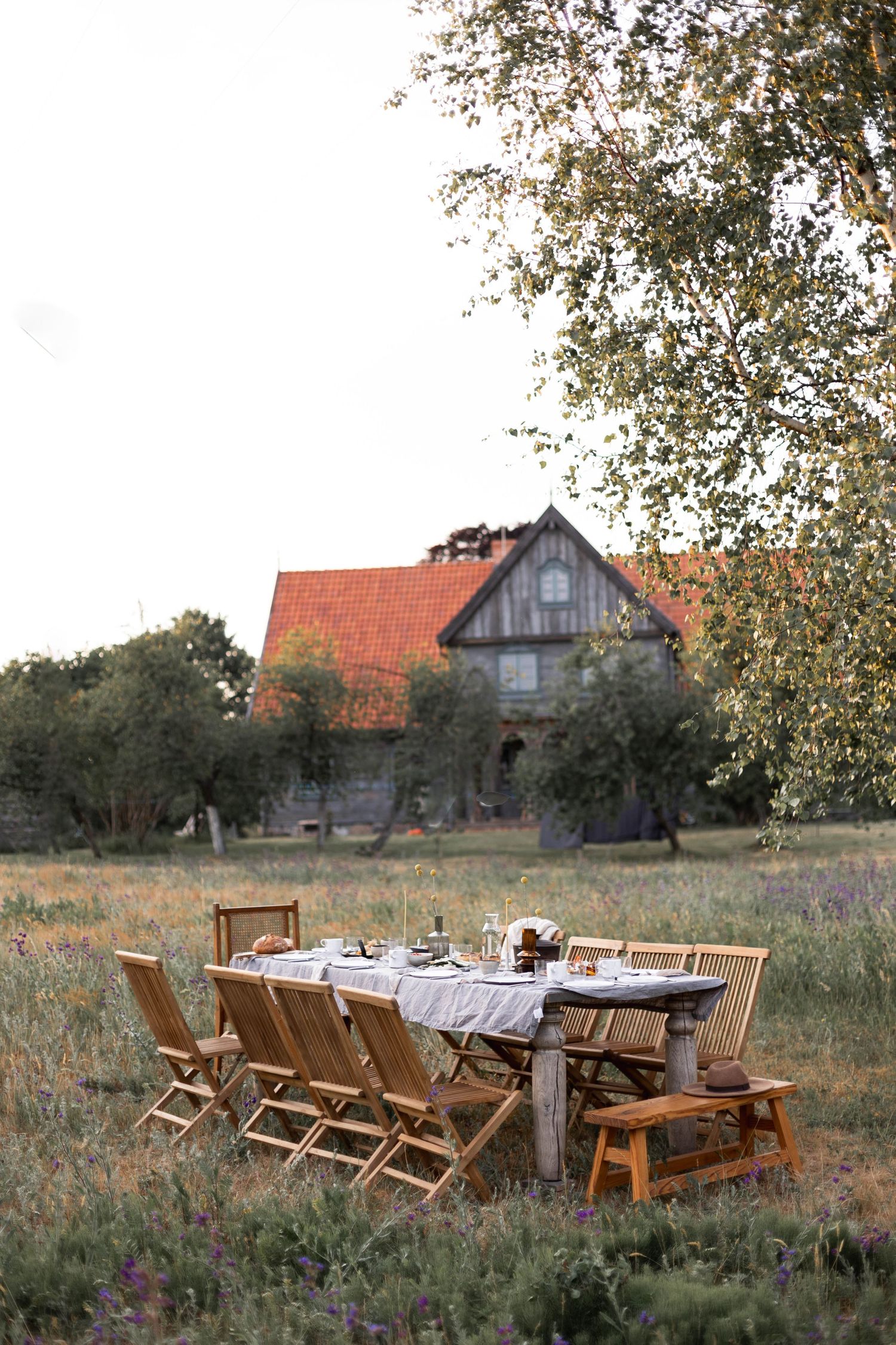 Rustic outdoor dining table set in a wildflower meadow with wooden chairs, near a charming old farmhouse with red roof.