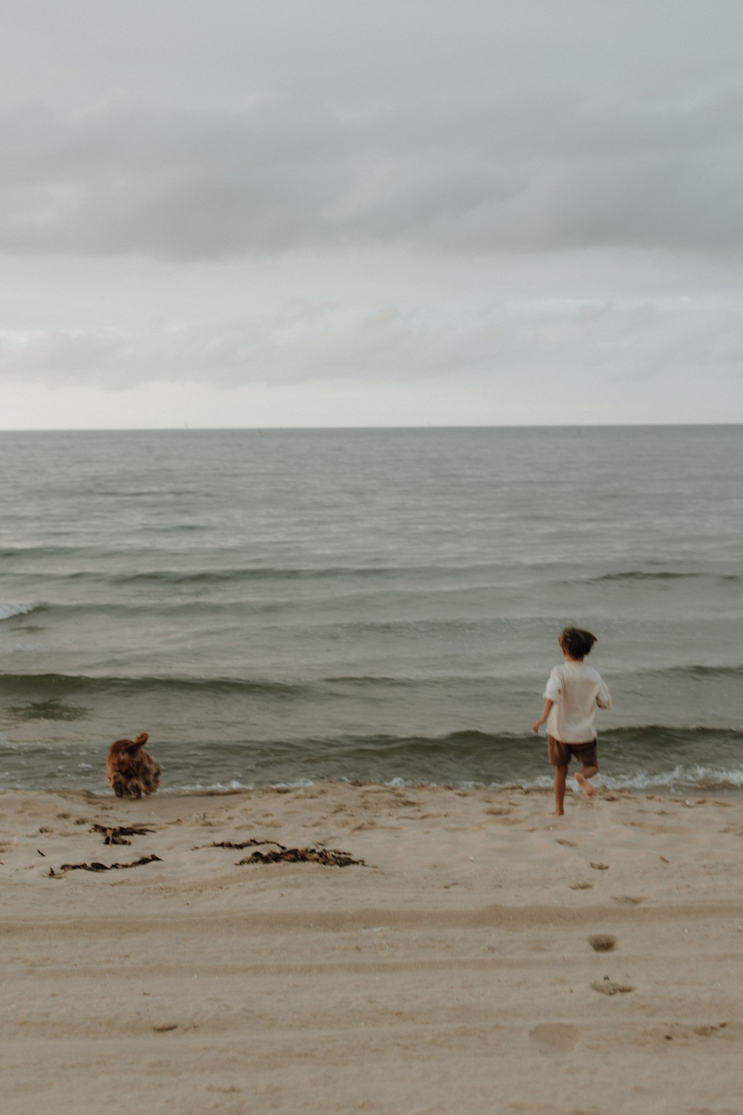 Young boy runs toward ocean waves alongside a dog on a cloudy beach.