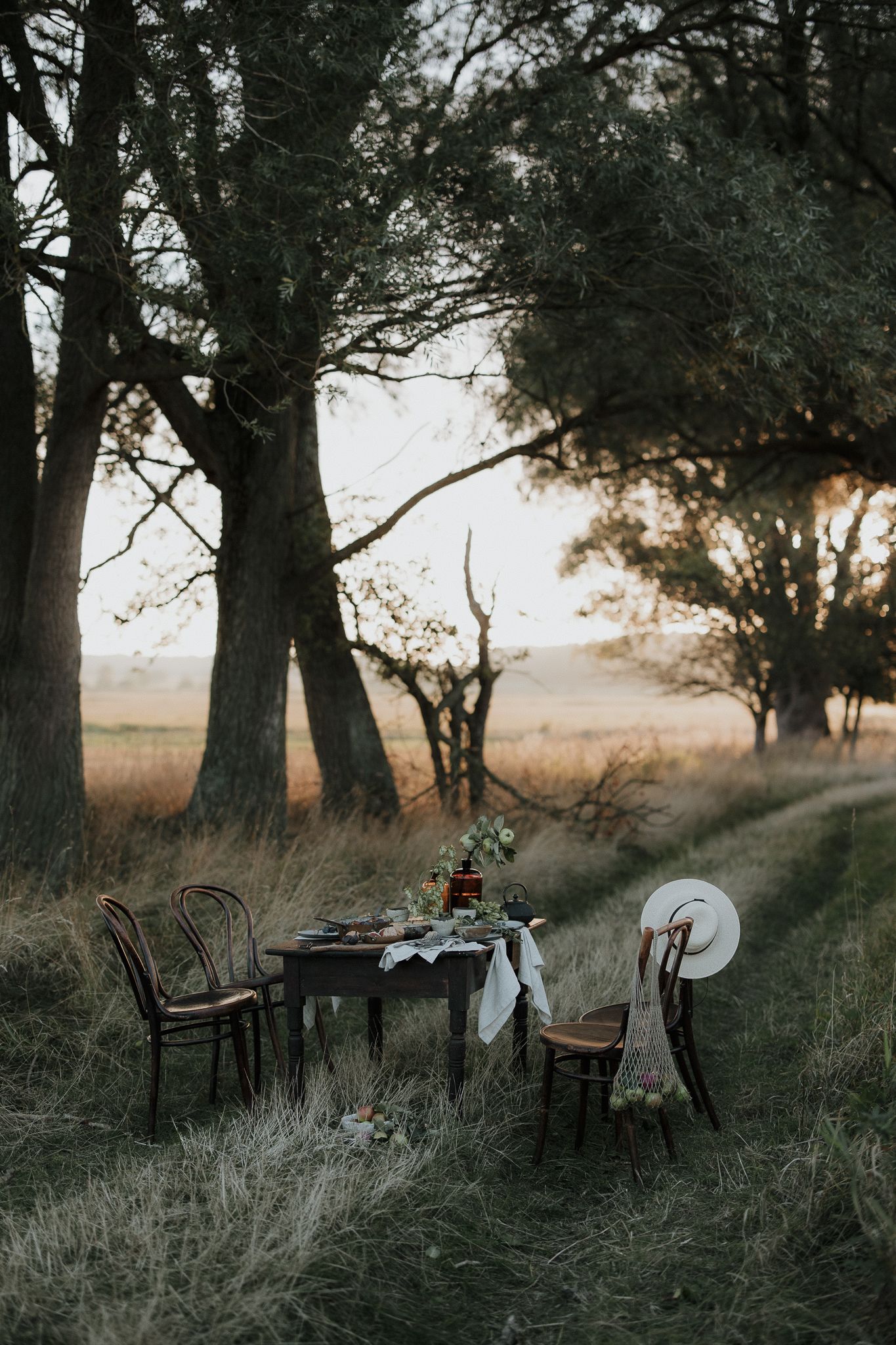 Rustic outdoor dining table set in golden meadow at sunset, surrounded by tall trees with floral decor and vintage chairs.
