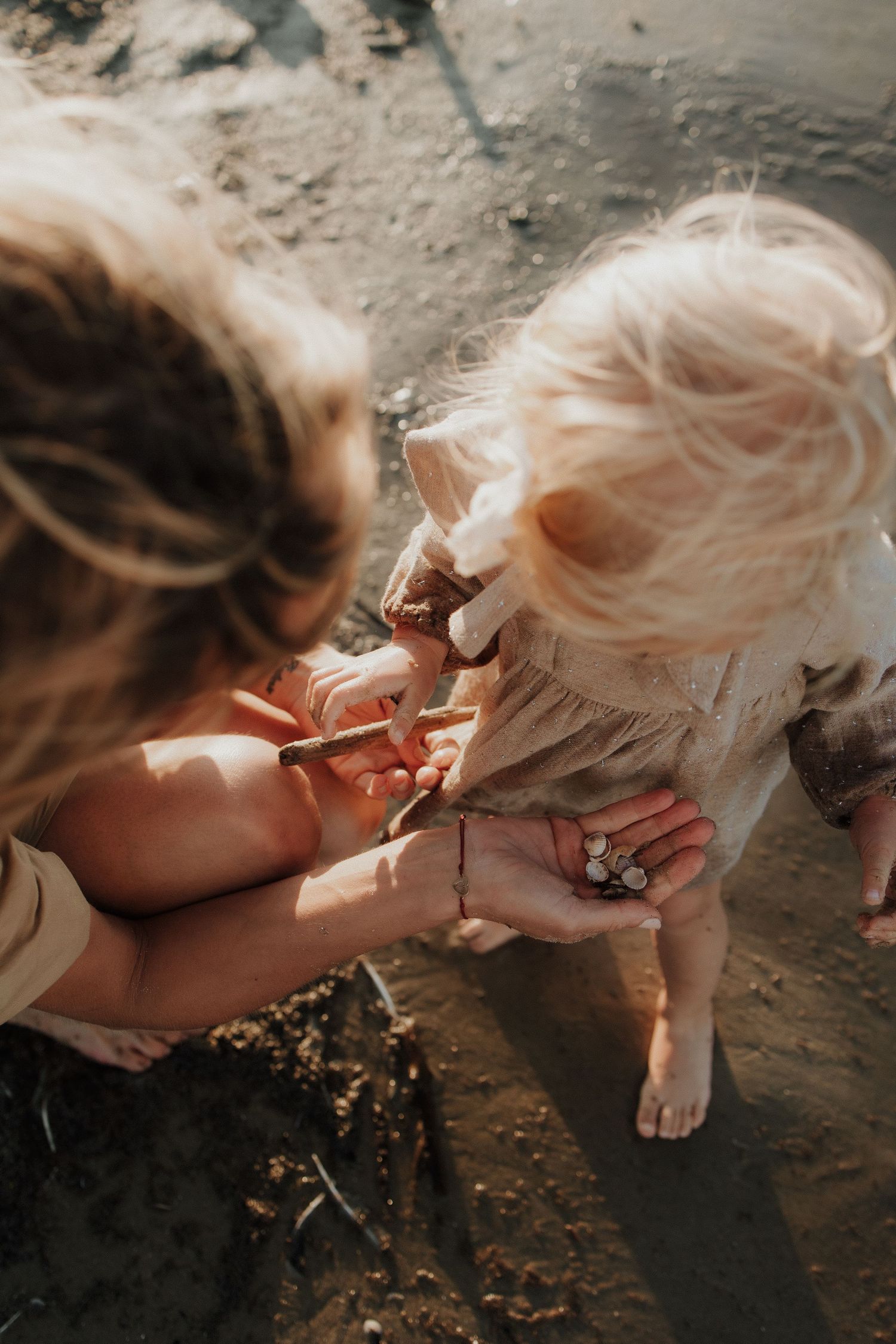 Two blonde children examining small treasures and pebbles held in an outstretched hand on a beach.