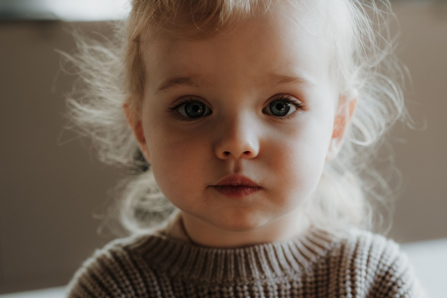 Portrait of a blue-eyed toddler with blonde hair wearing a cozy brown sweater.