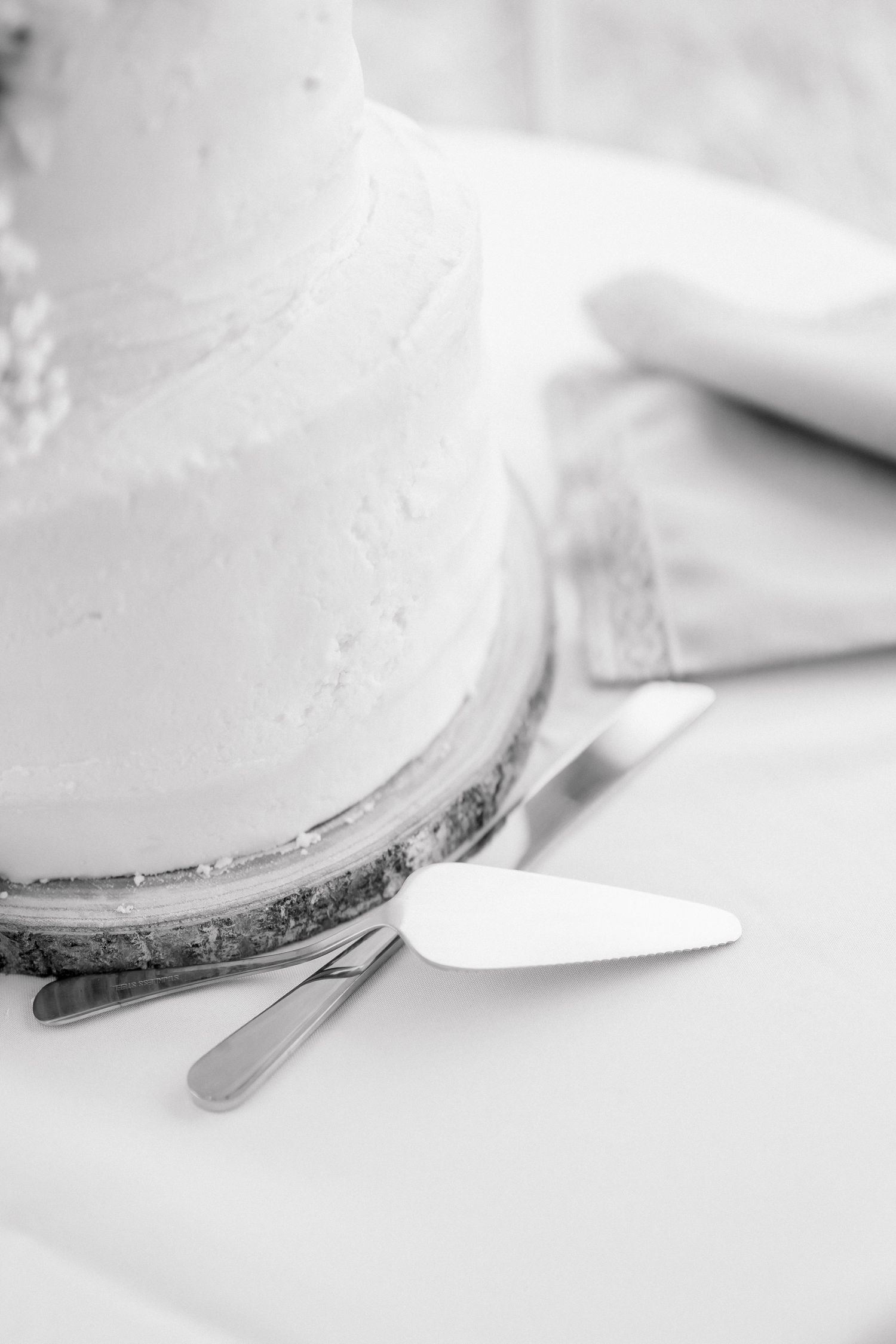 Black and white photo of a two-tier white wedding cake on a wood slice with a cake server and knife.