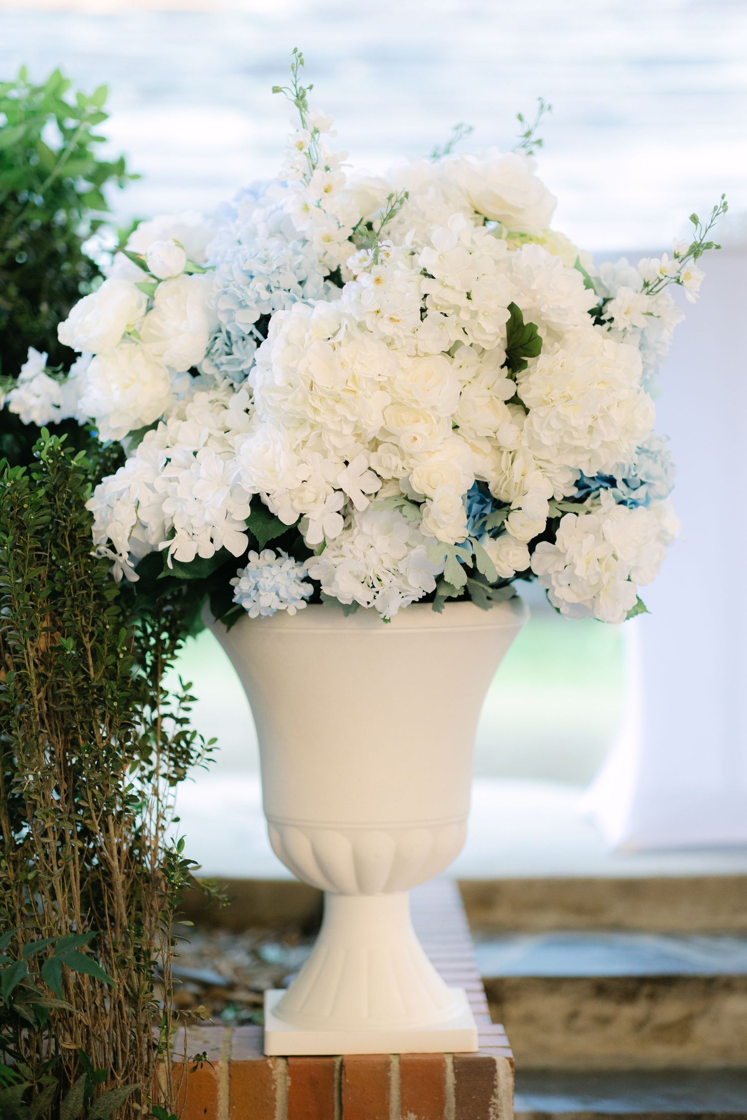 White hydrangea flowers arranged in an elegant cream-colored pedestal vase against a soft, blurred background.