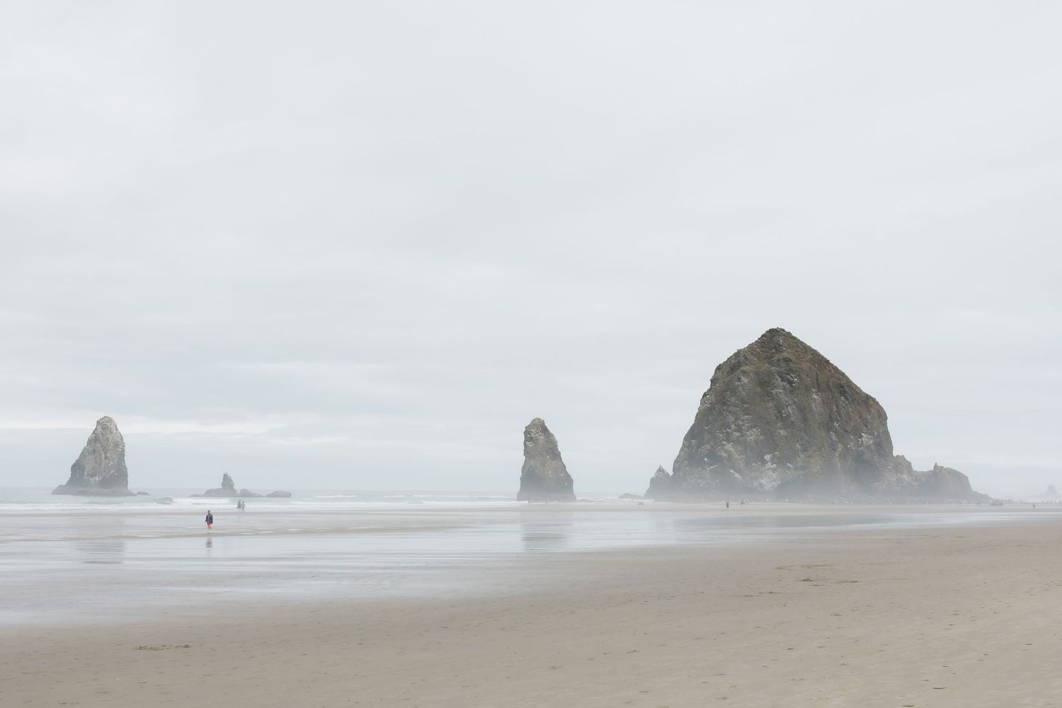 Misty Cannon Beach with iconic Haystack Rock and sea stacks rising from the foggy Oregon coastline on a cloudy day.
