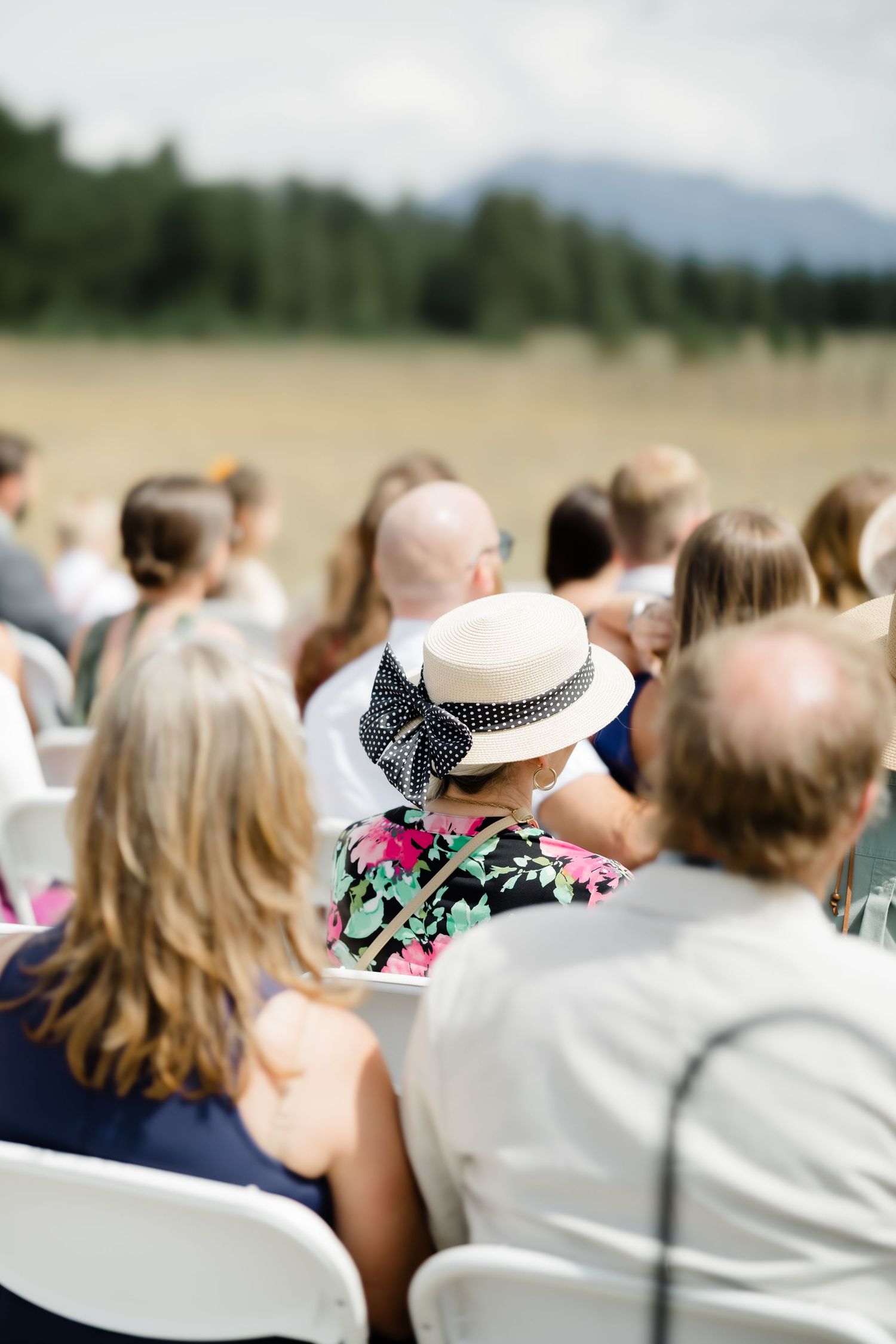 Guests seated outdoors at a sunny wedding ceremony with mountains and fields in the background.