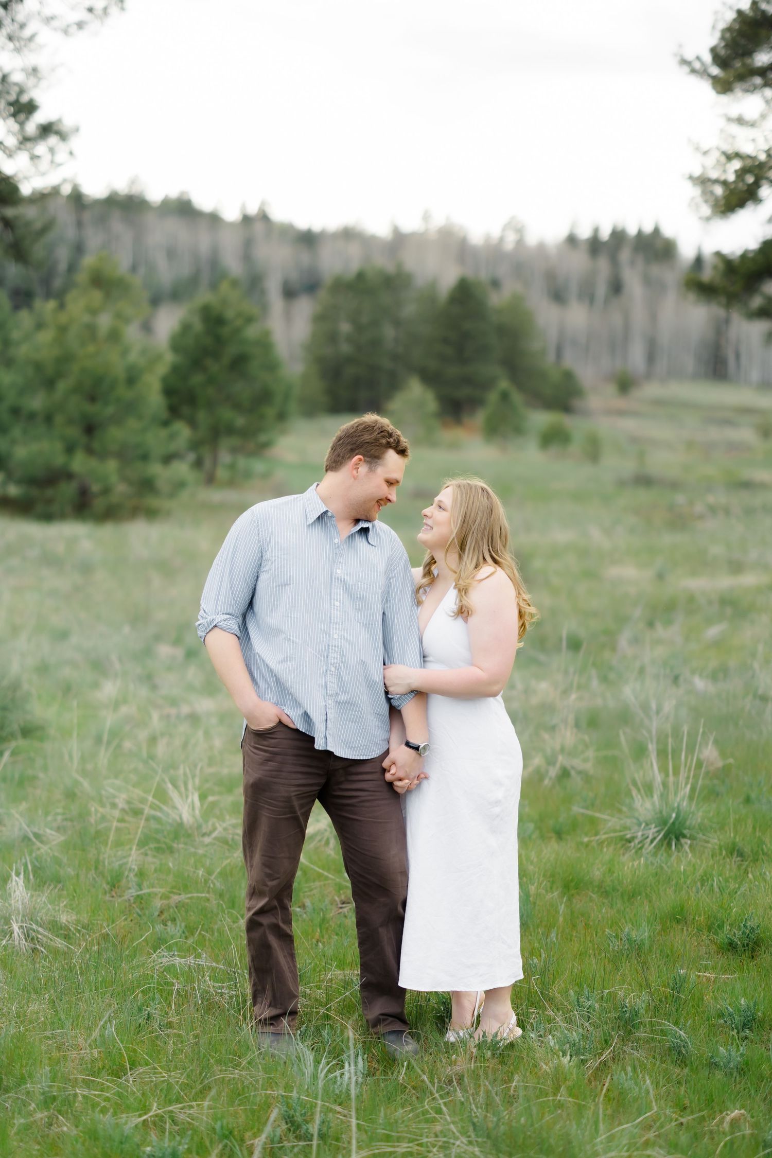 Couple holds hands and gazes at each other in a lush green meadow surrounded by pine trees.