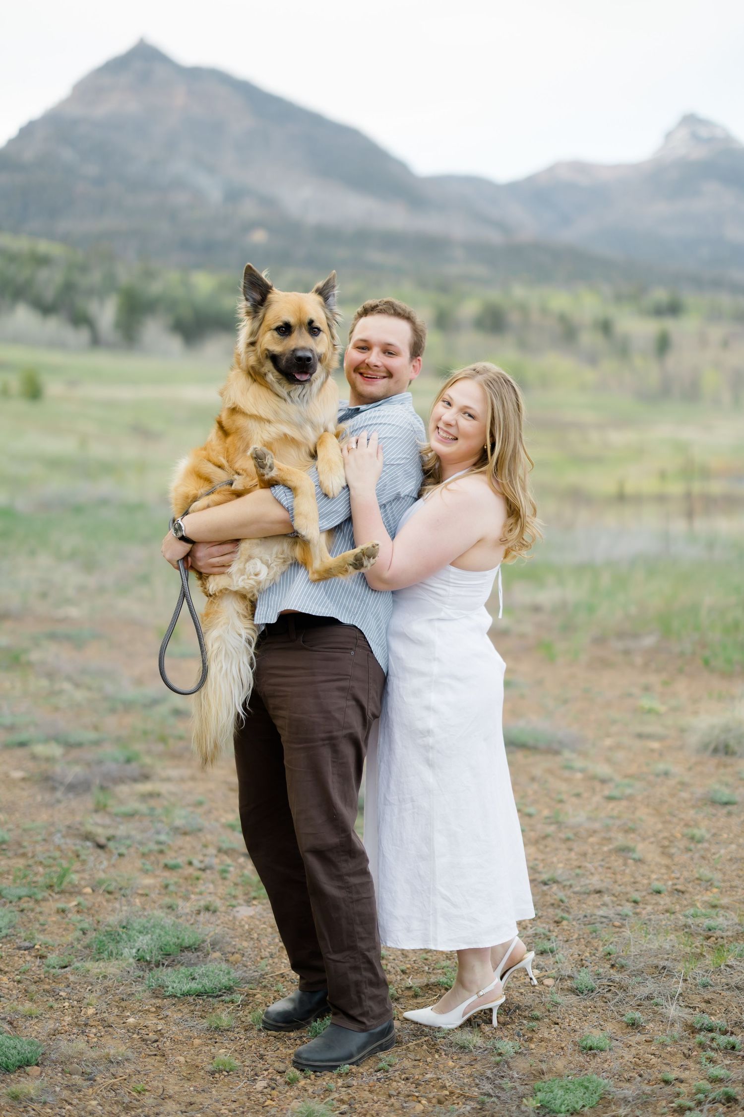 Smiling couple holding large German Shepherd dog in mountain meadow during engagement photo session.