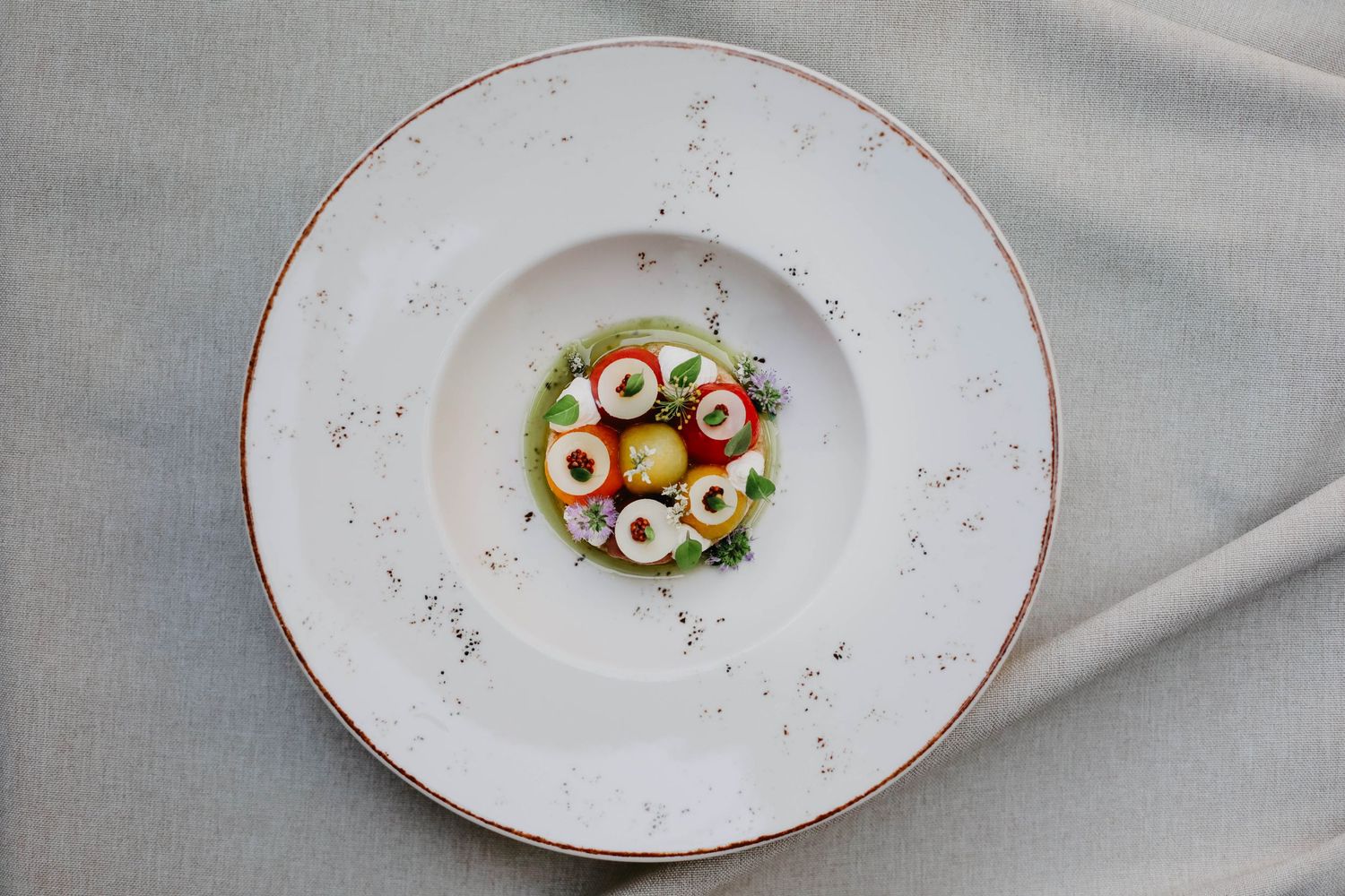 Minimalist plated dish with delicate garnishes on white porcelain with gold rim.