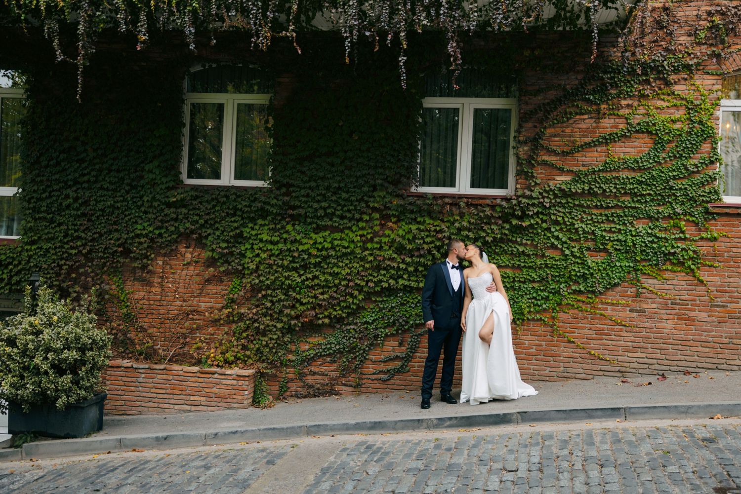 Bride and groom pose against brick wall covered in lush green ivy.