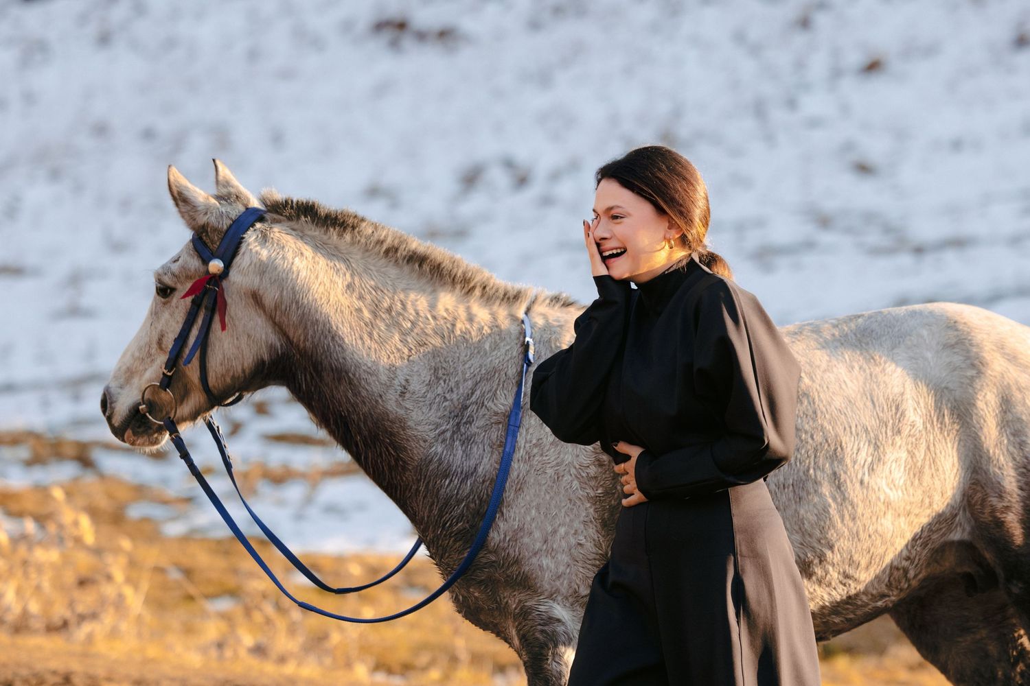 Person leading a dappled grey horse through winter mountain landscape.