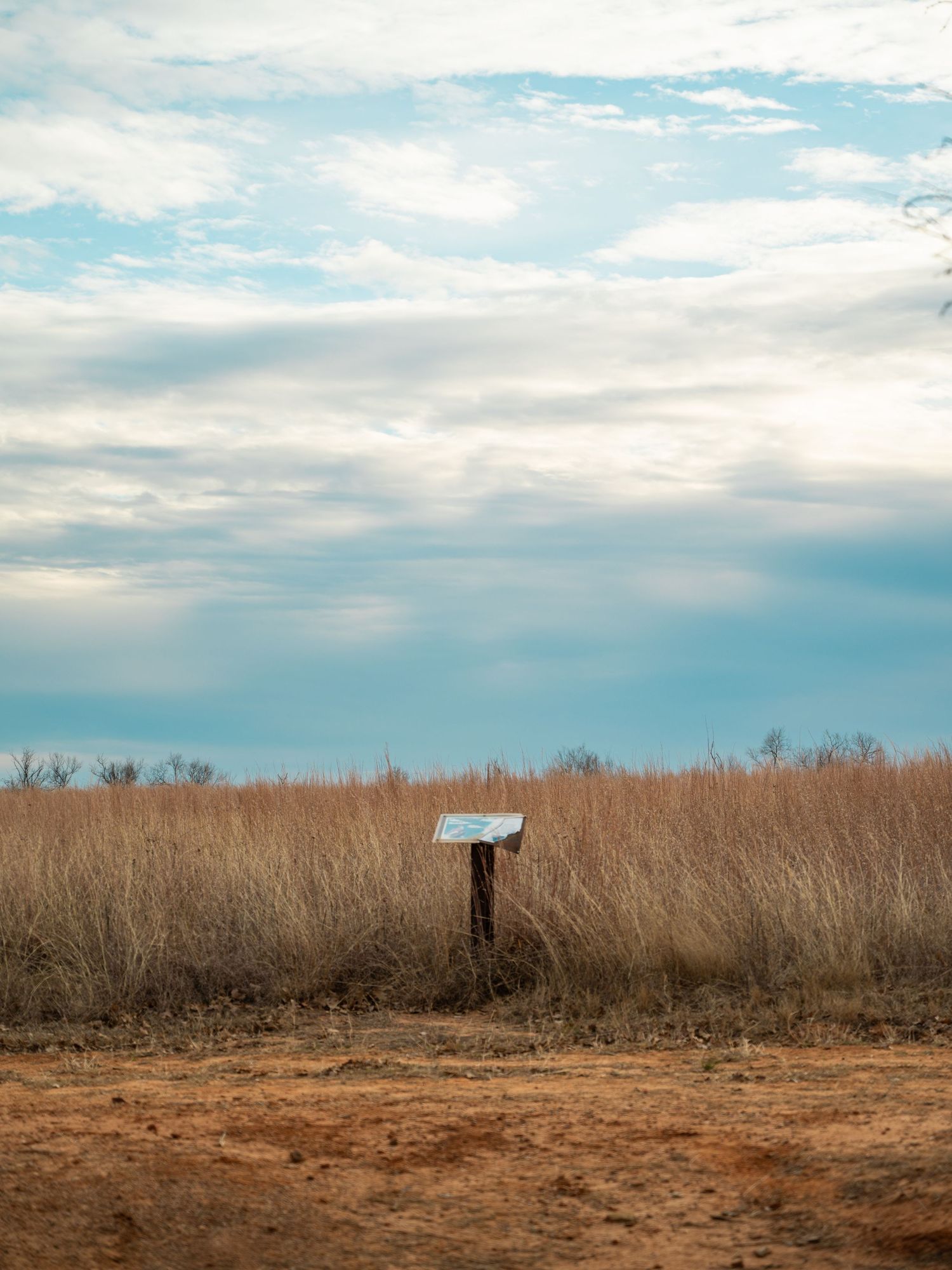 Wide view of a trail through dried grassland under cloudy blue skies.