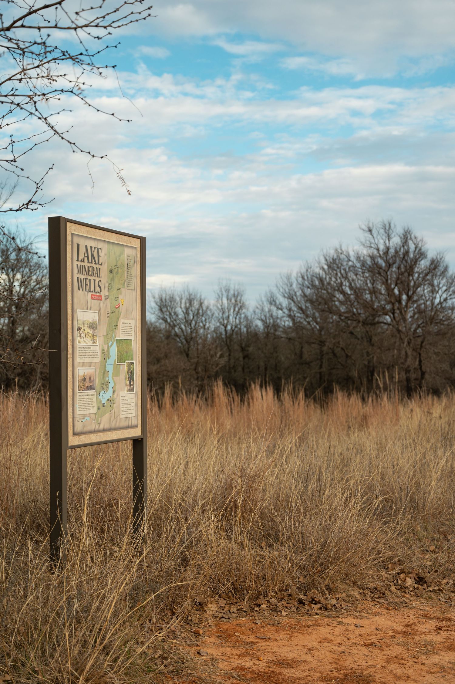 Trail map sign board standing in tall brown grass with bare trees in the background.