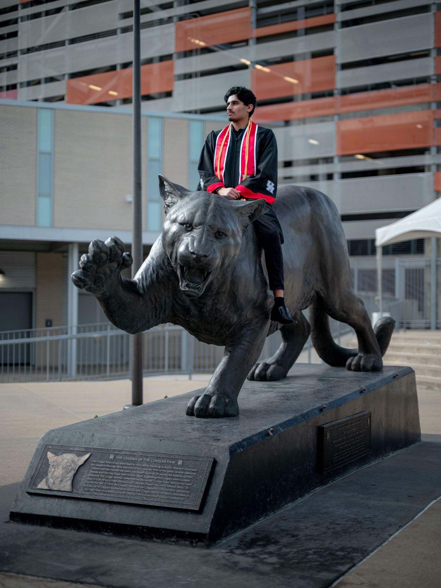Graduate in cap and gown sitting on decorative panther statue installation.