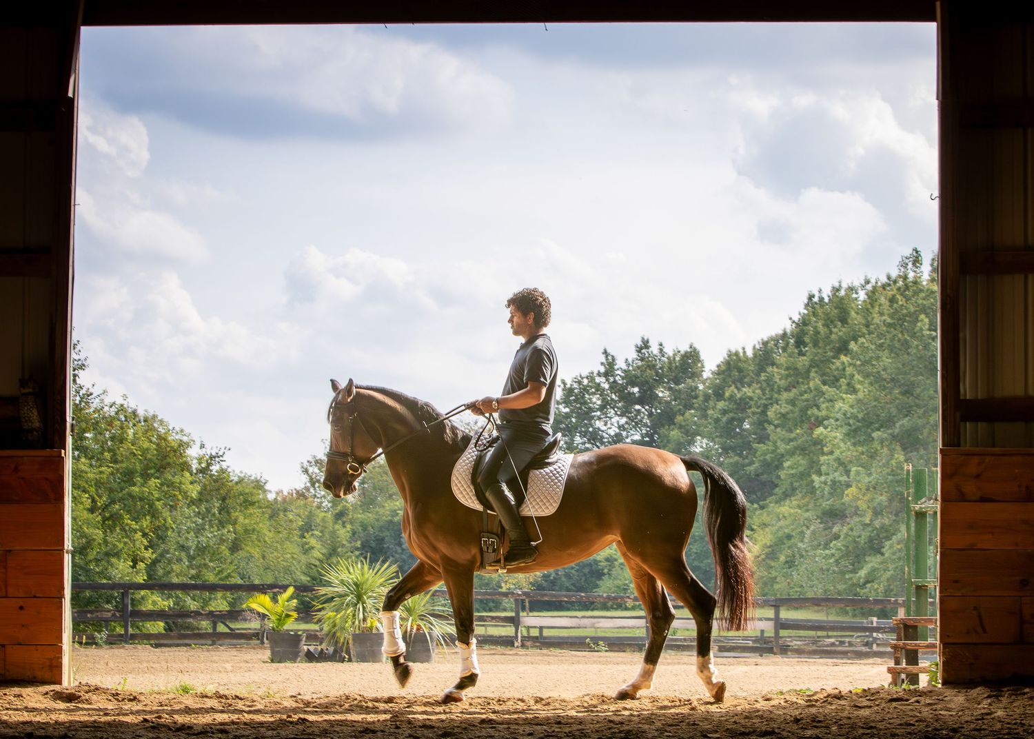 A rider schooling a horse, framed by a large door, showing a dramatic outdoor scene