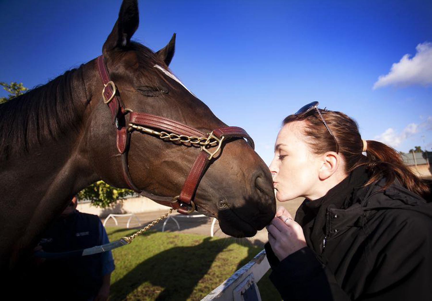 A young woman kissing Zenyatta's nose.
