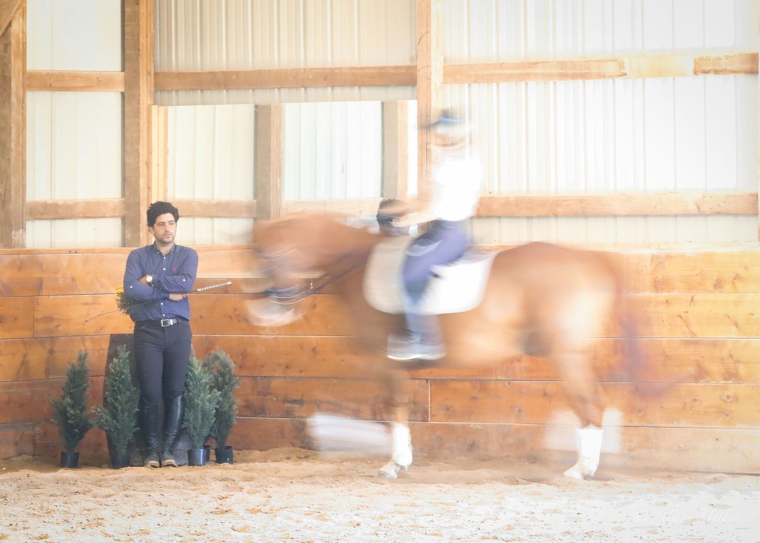 Horse and rider are shown with motion blur while the instructor watches on