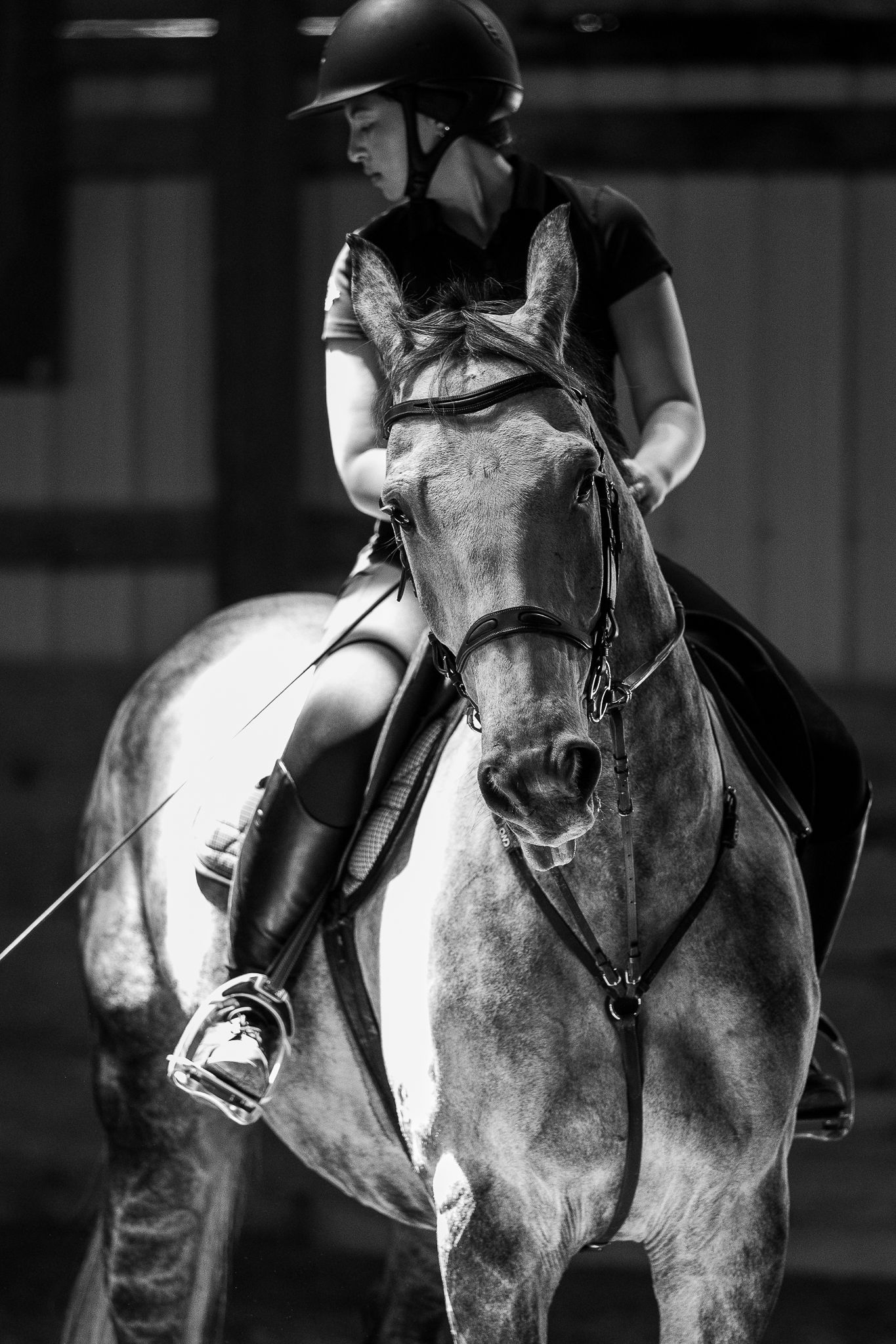 A black and white image of a young woman on a grey horse.