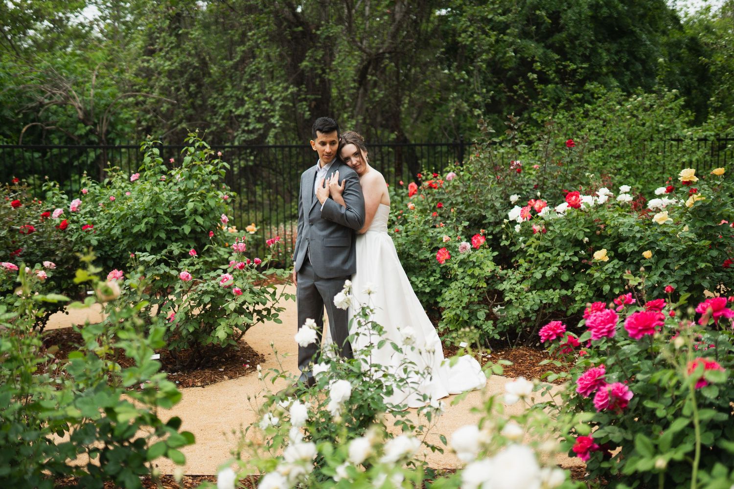 Beautiful garden wedding ceremony setup with blooming roses and greenery.