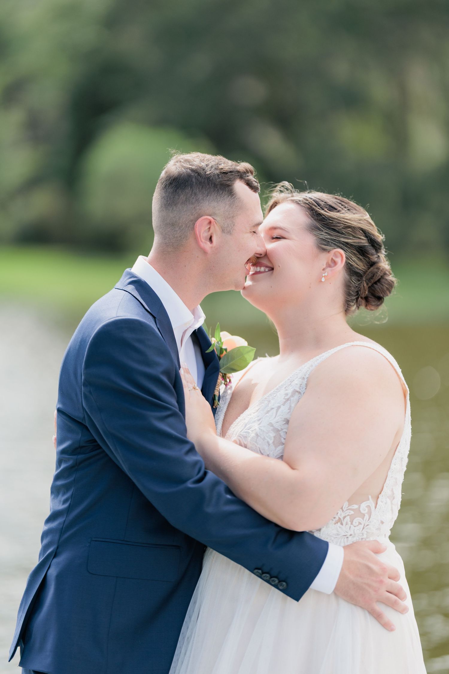 Portrait of a bride and groom embracing during a romantic couple's session during their wedding day in South Georgia.