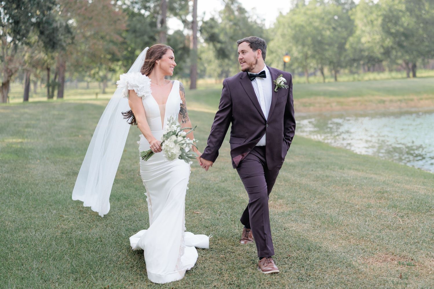 Portrait of a bride and groom embracing during a romantic couple's session during their wedding day in South Georgia.