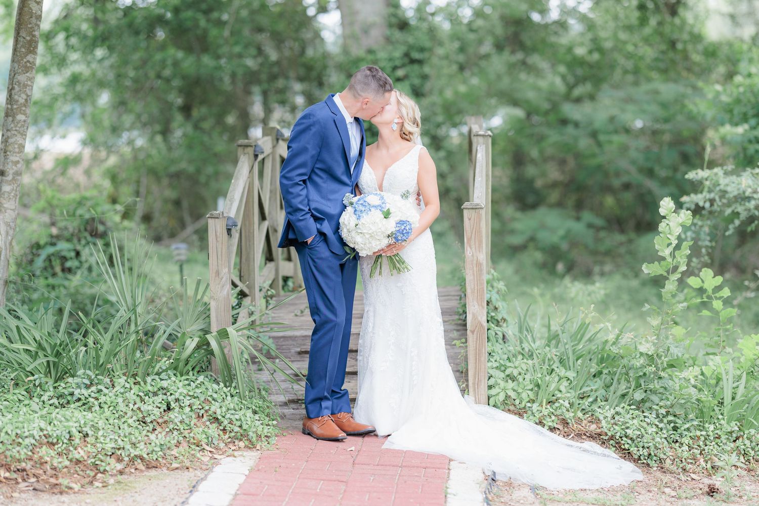 Portrait of a bride and groom embracing during a romantic couple's session during their wedding day in South Georgia.