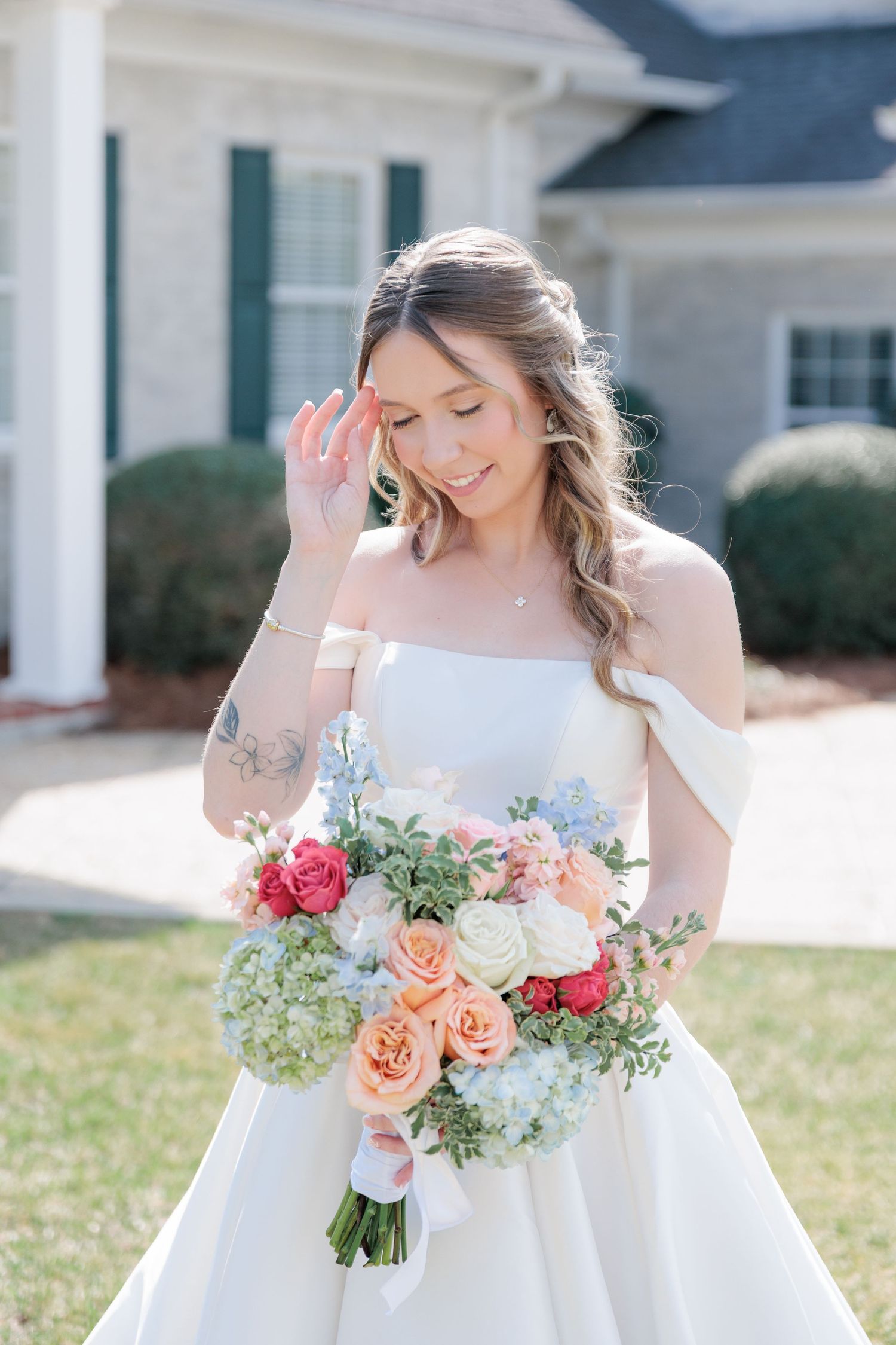 Elegant bridal portrait highlighting the bridal details of the wedding dress at a beautiful with a photographer based in South Georgia.