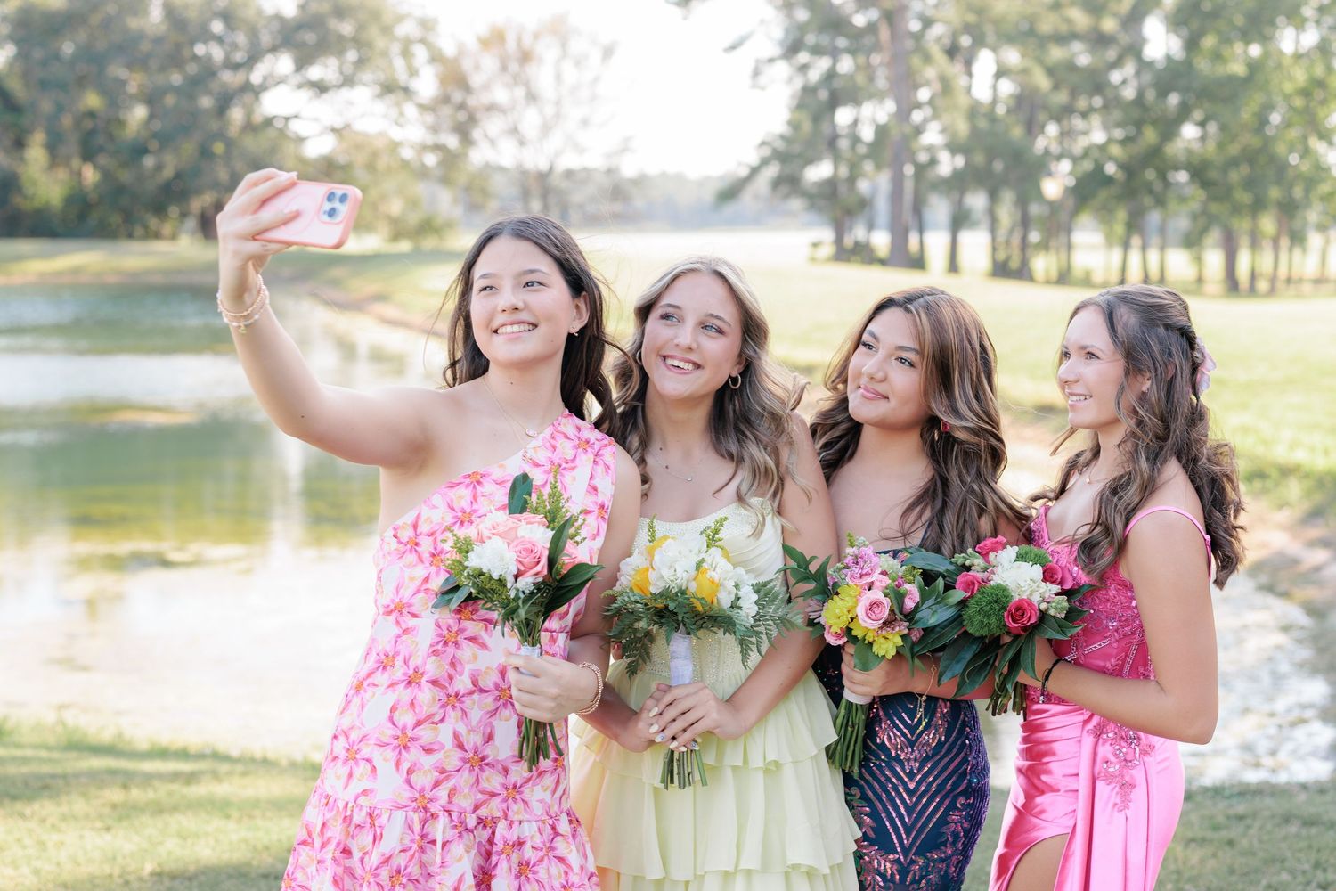 Fun and elegant portrait of a high school prom group dressed up in formalwear in the Valdosta South Georgia area.