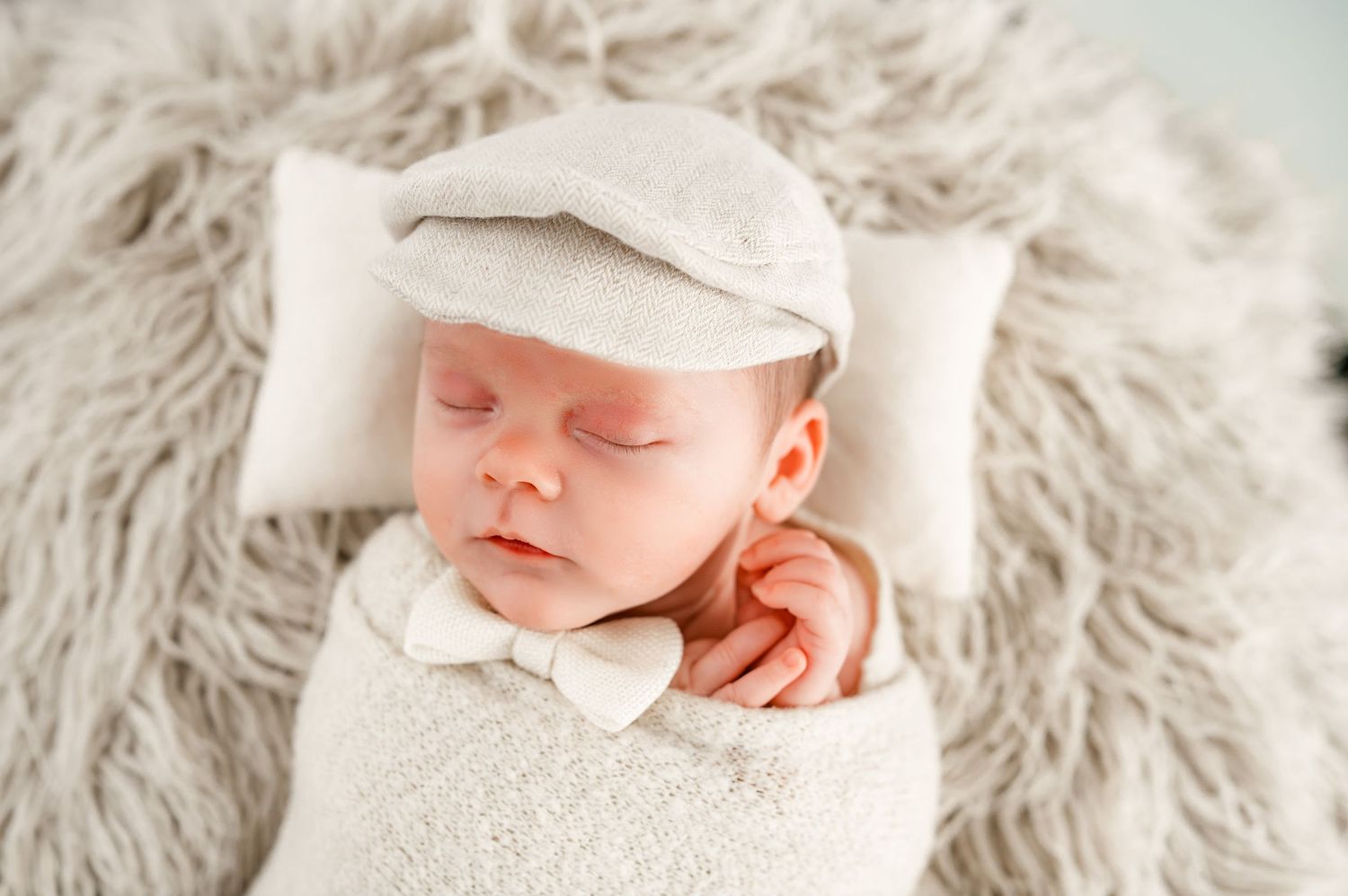 Sleeping newborn wearing a cream outfit and a cap on a soft fur blanket.