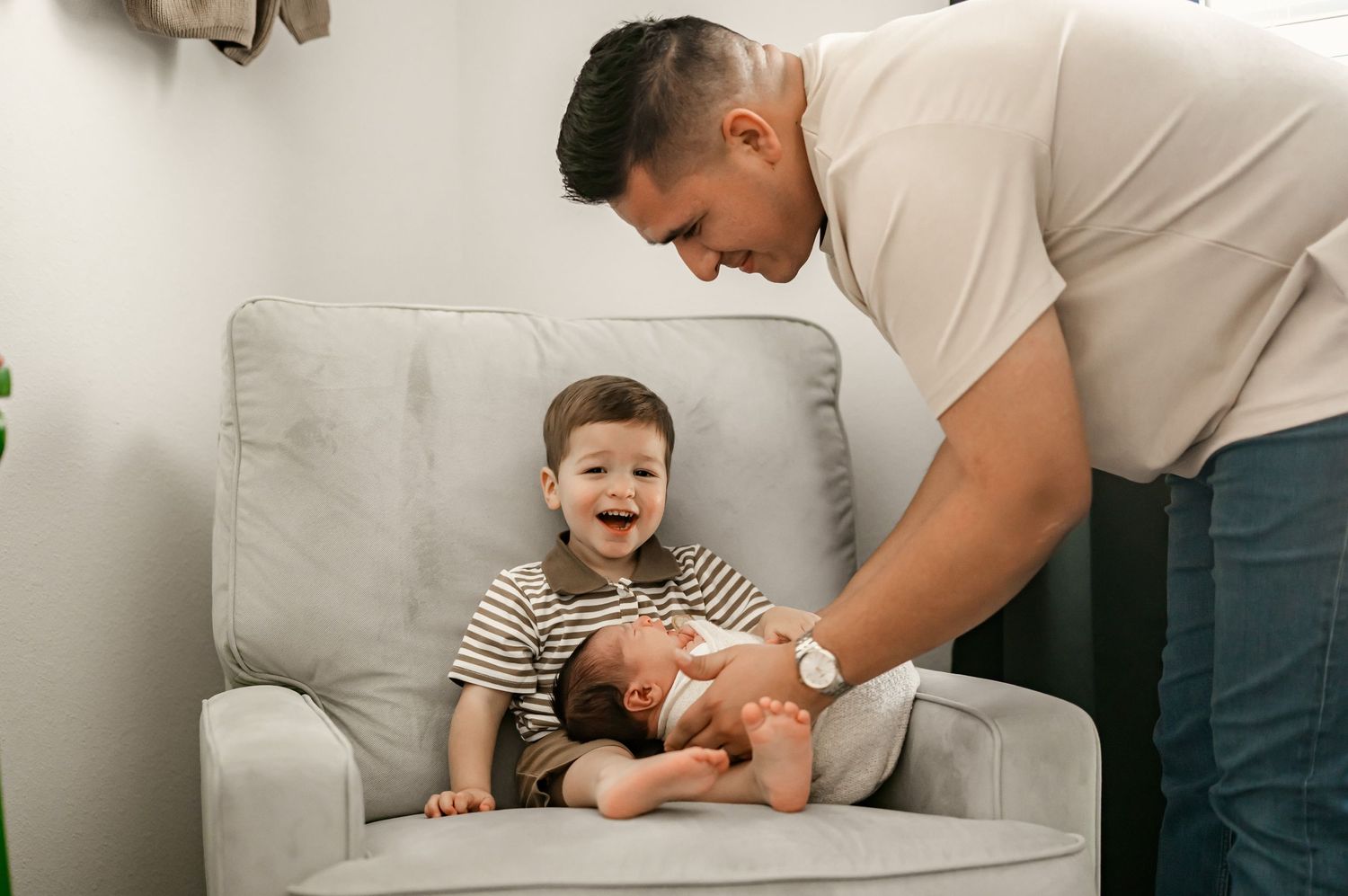 Excited big brother getting ready told his new baby in Houston, TX