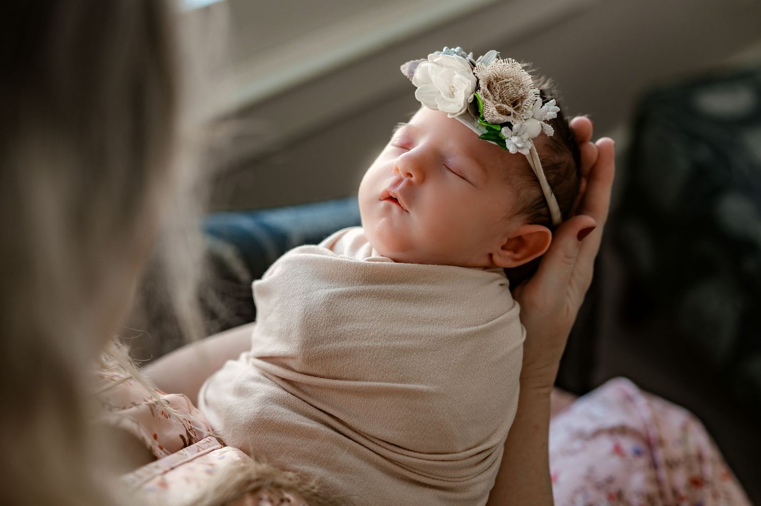 Lifestyle in-home session mother admiring baby - Katy newborn photography
