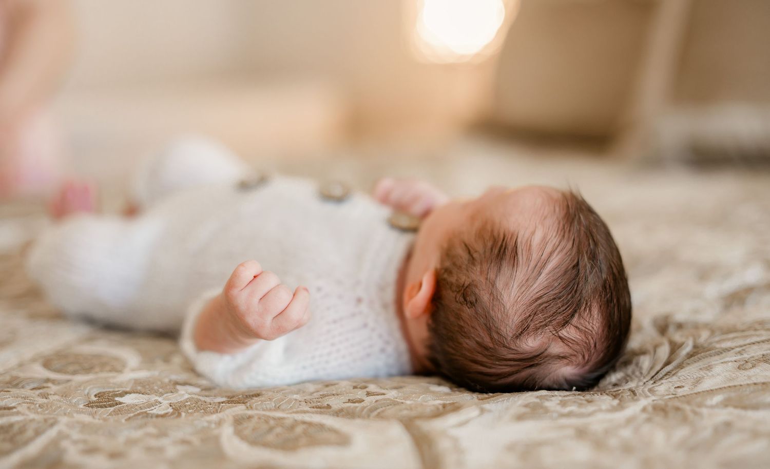 Newborn baby lying on a soft blanket, photographed from behind in a warm, neutral setting.