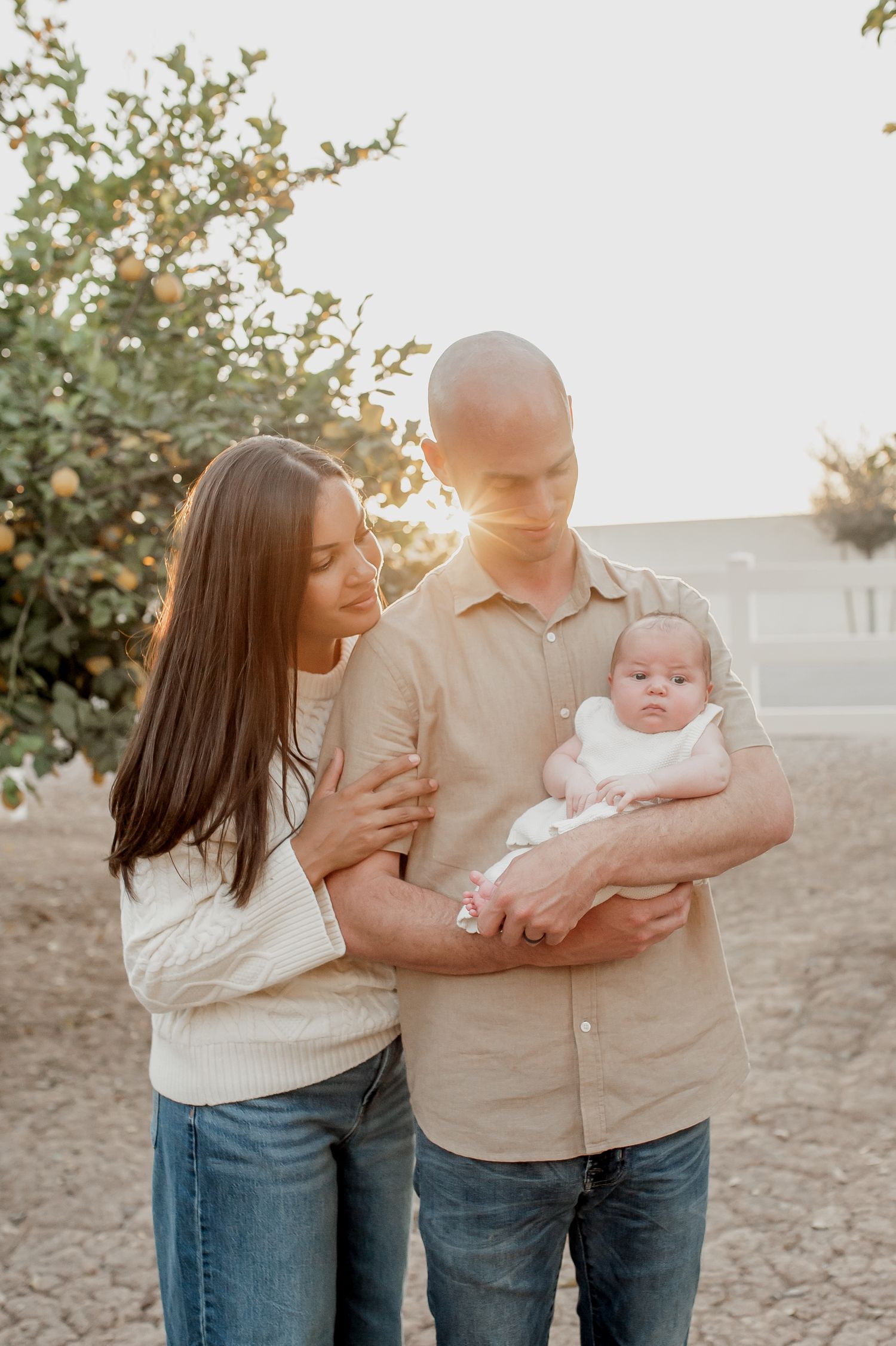 A young family with a bald father holding a newborn baby beside a dark-haired mother near a lemon tree at golden hour.