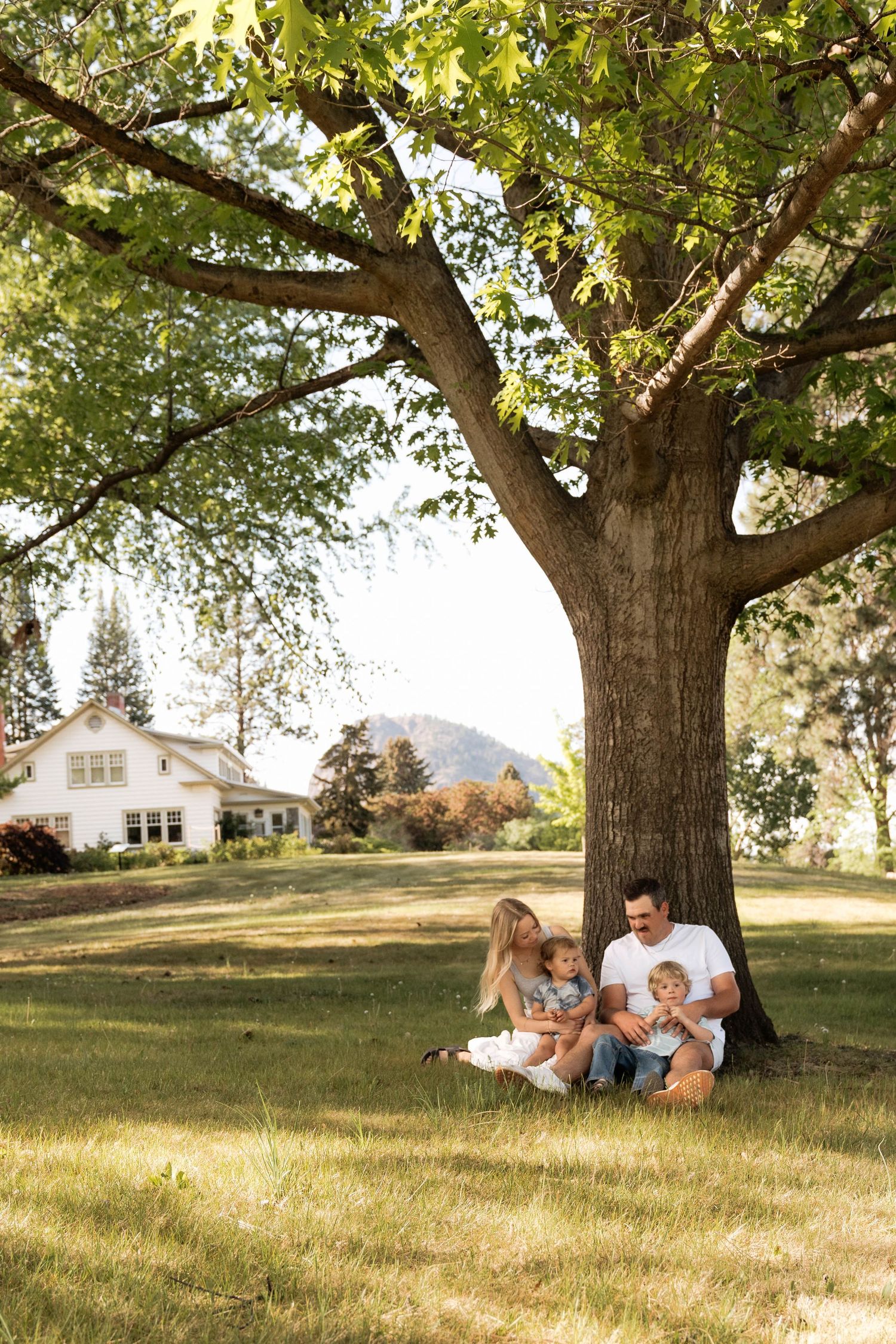 Family of four sitting together under a large tree in a sunny green yard with a white house in the background.