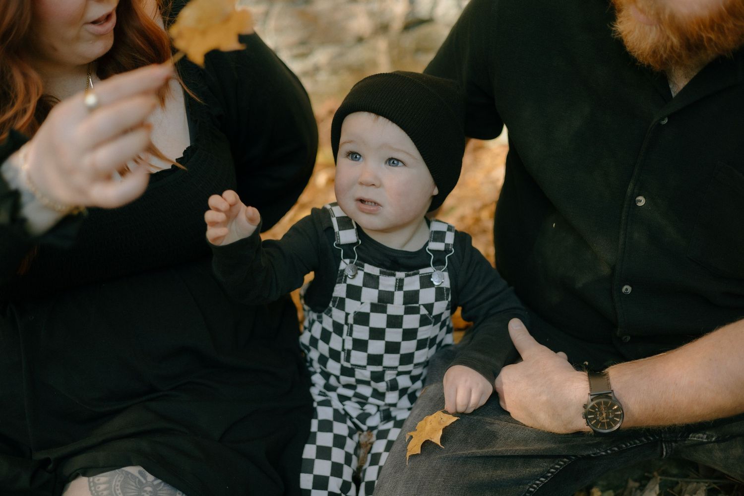 A series of connected photos showing autumn leaves and a checkered pattern outfit in warm fall colors.