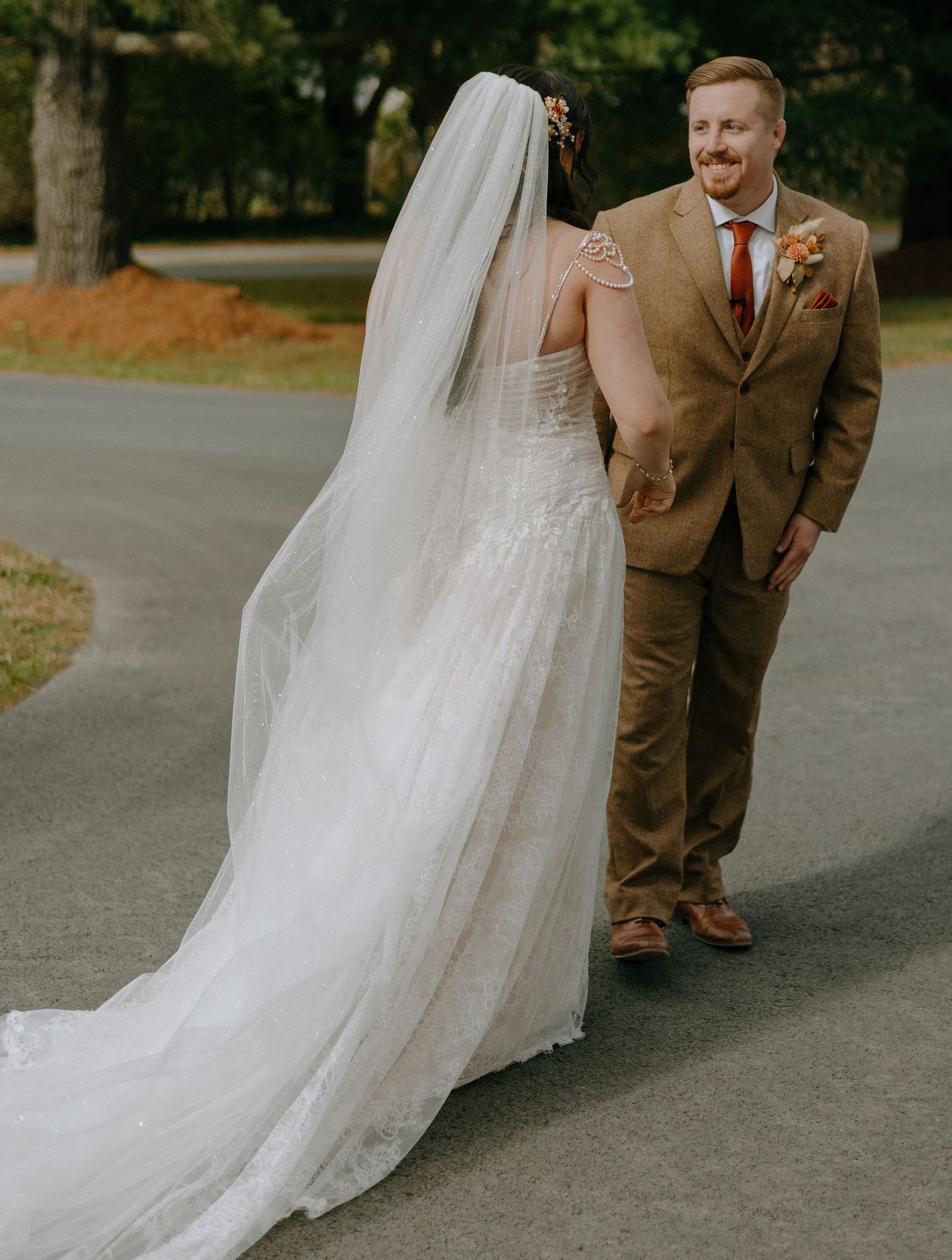 A sequence of outdoor wedding photos showing a couple walking together on a paved path.