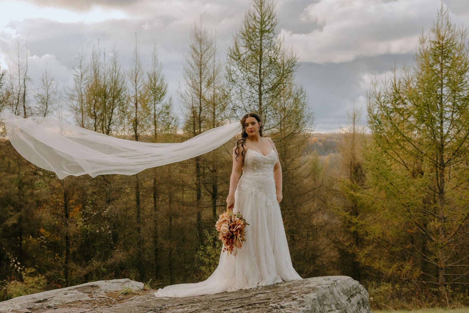 Bride in flowing white dress with long veil standing against mountain landscape.