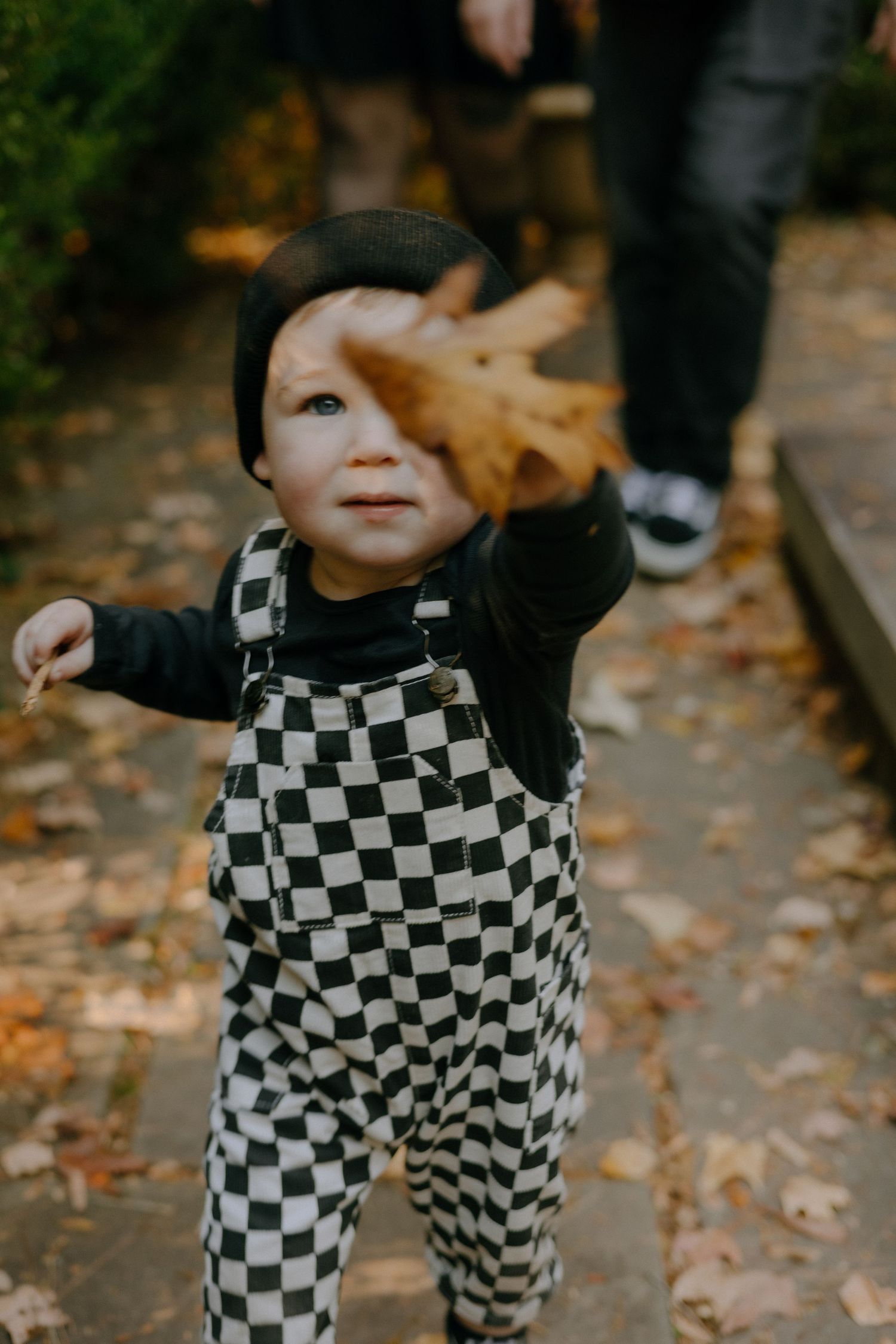 Someone wearing a black and white checkered outfit crouches among scattered autumn leaves.